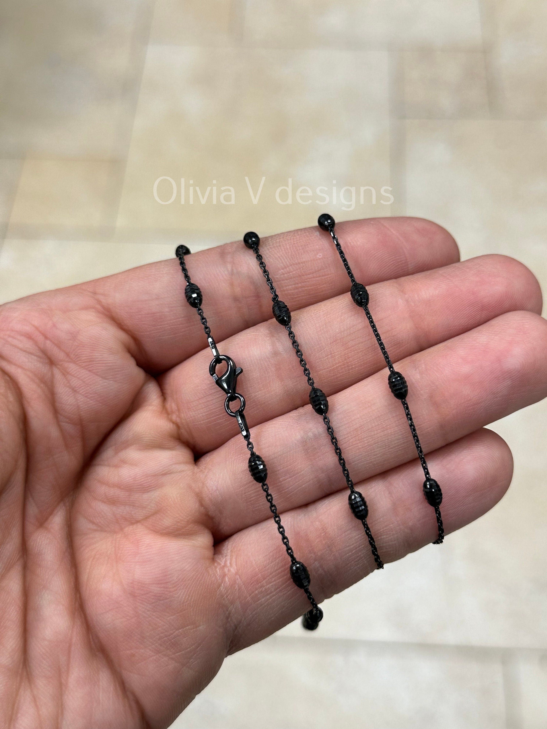 925 Sterling Silver Black Rhodium 1.2mm Diamond Cut Station Bead With 3mm Oval Moon Cut Necklace - Genuine 925 - Made In Italy