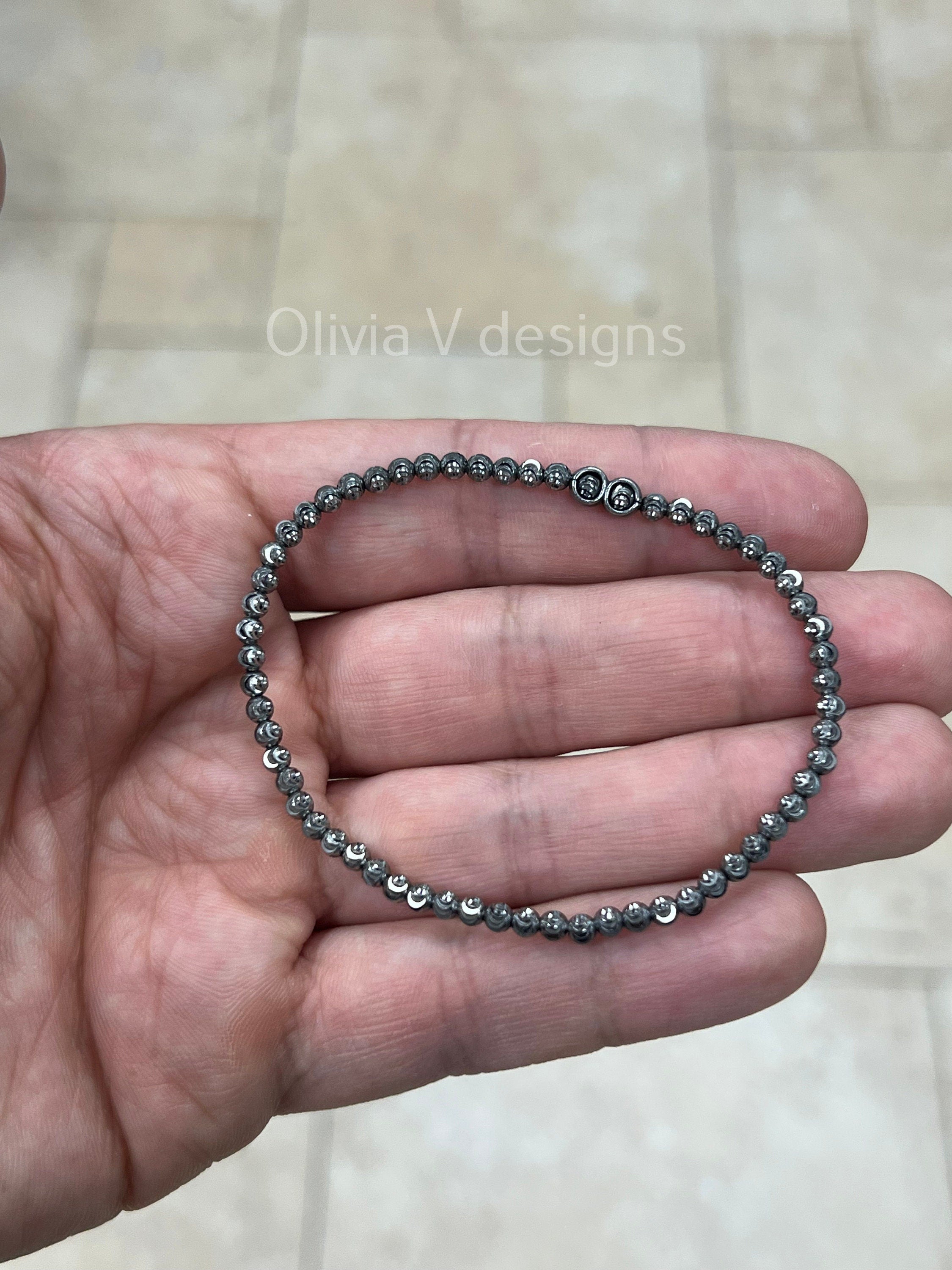 925 Sterling Silver Black Rhodium 3mm Moon Cut Ball Bead Elastic Bracelet, Genuine 925 - Solid 925 - Made In Italy - Beautiful Shine