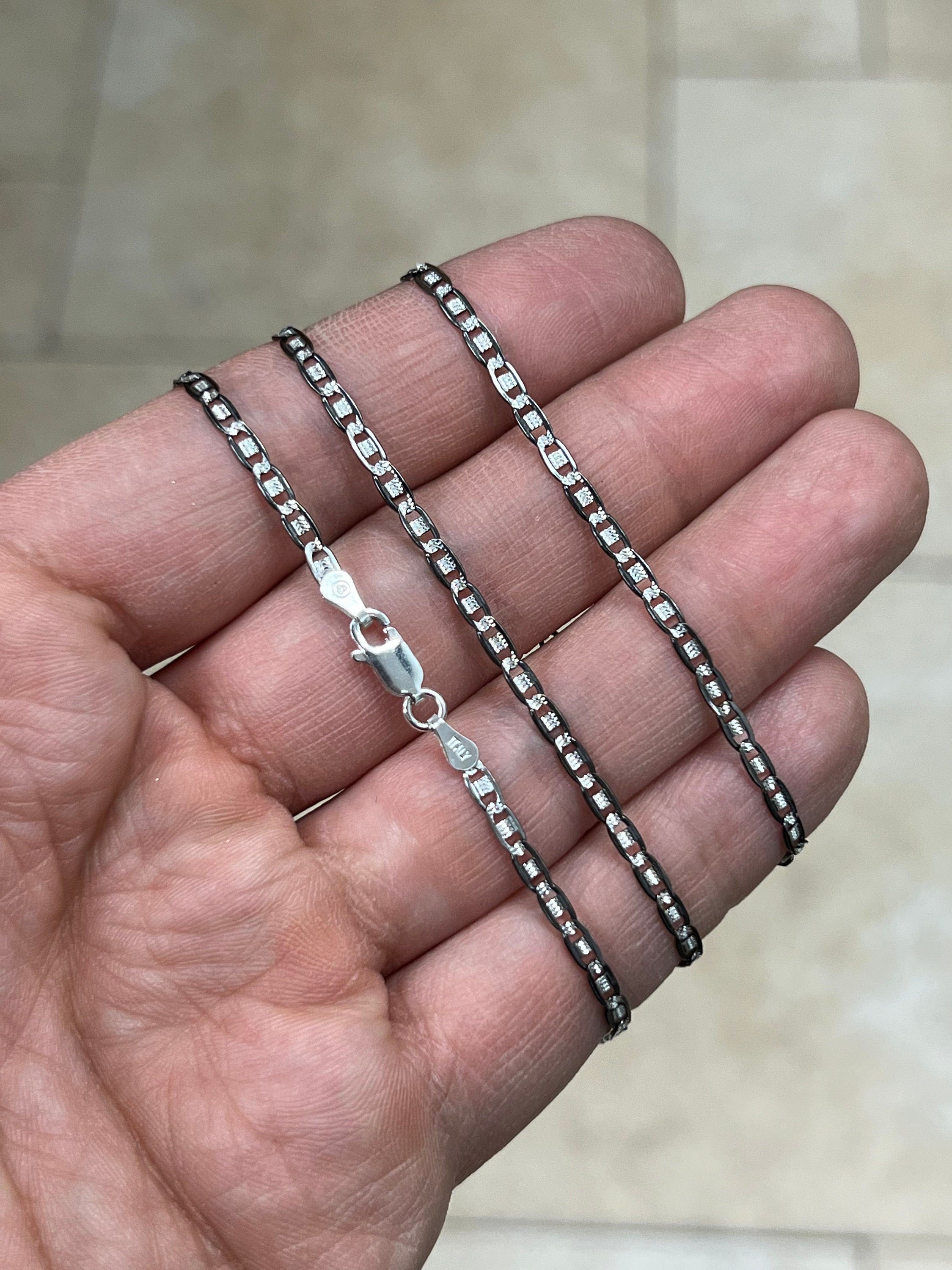925 Sterling Silver Black Rhodium Flat Mariner Chain 3mm 16",18",20",24" - Genuine 925 Silver - Black Mariner Chain