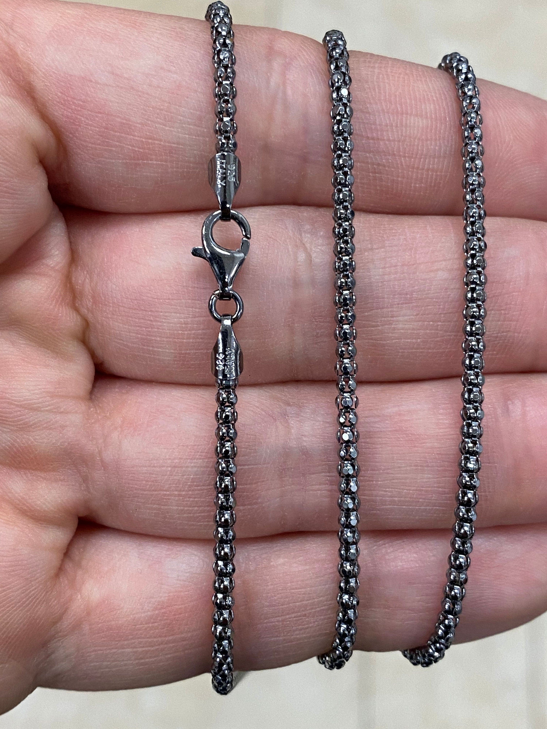 925 Sterling Silver Black Rhodium Popcorn Coreana Chain 2.5mm, Bali Woven Chain, Black Chain Necklace, Rustic Chain For Pendants, 925