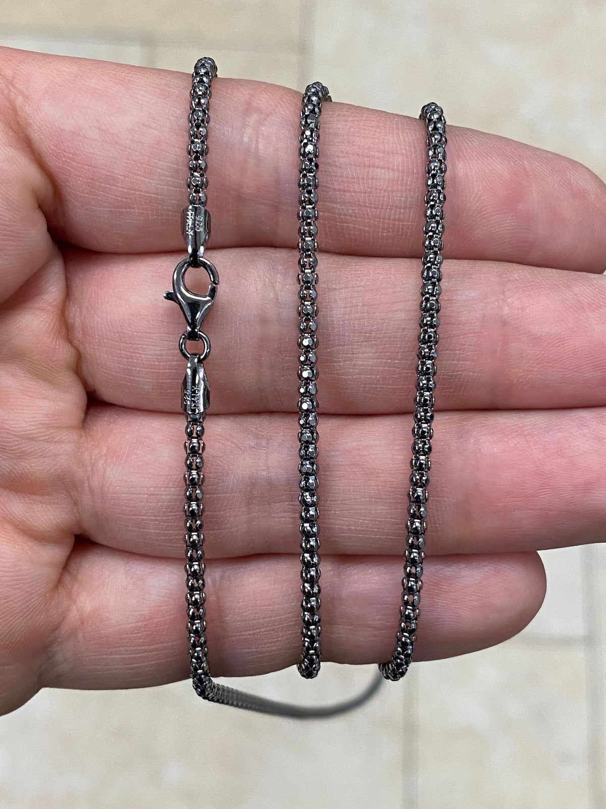 925 Sterling Silver Black Rhodium Popcorn Coreana Chain 2.5mm, Bali Woven Chain, Black Chain Necklace, Rustic Chain For Pendants, 925