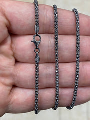 925 Sterling Silver Black Rhodium Popcorn Coreana Chain 2.5mm, Bali Woven Chain, Black Chain Necklace, Rustic Chain For Pendants, 925