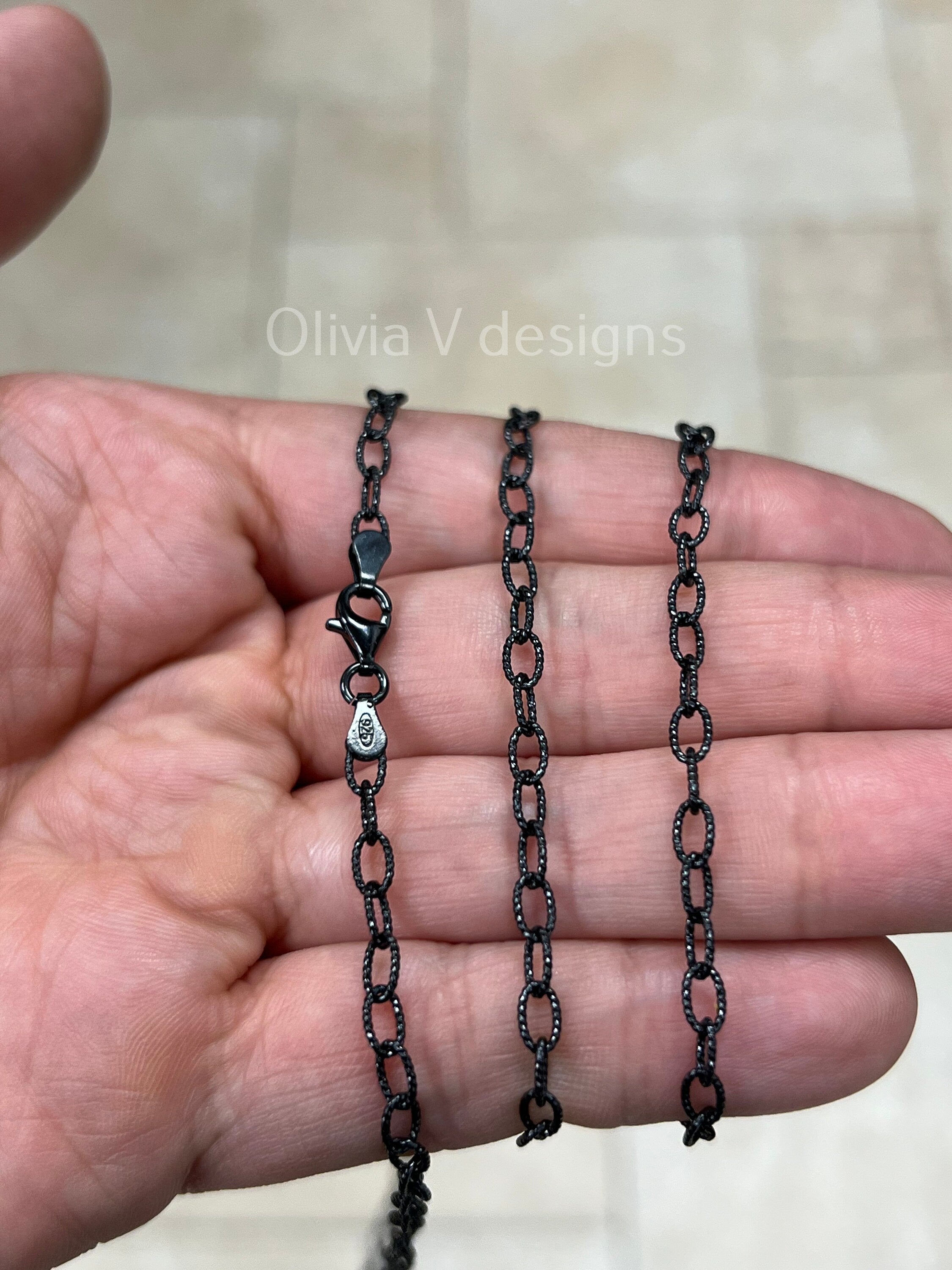 925 Sterling Silver Black Rhodium Rolo Chain Diamond Cut, Sterling Belcher Chain, 4mm 16 18 20 22 24 30 - Made In Italy - 925 Sterling