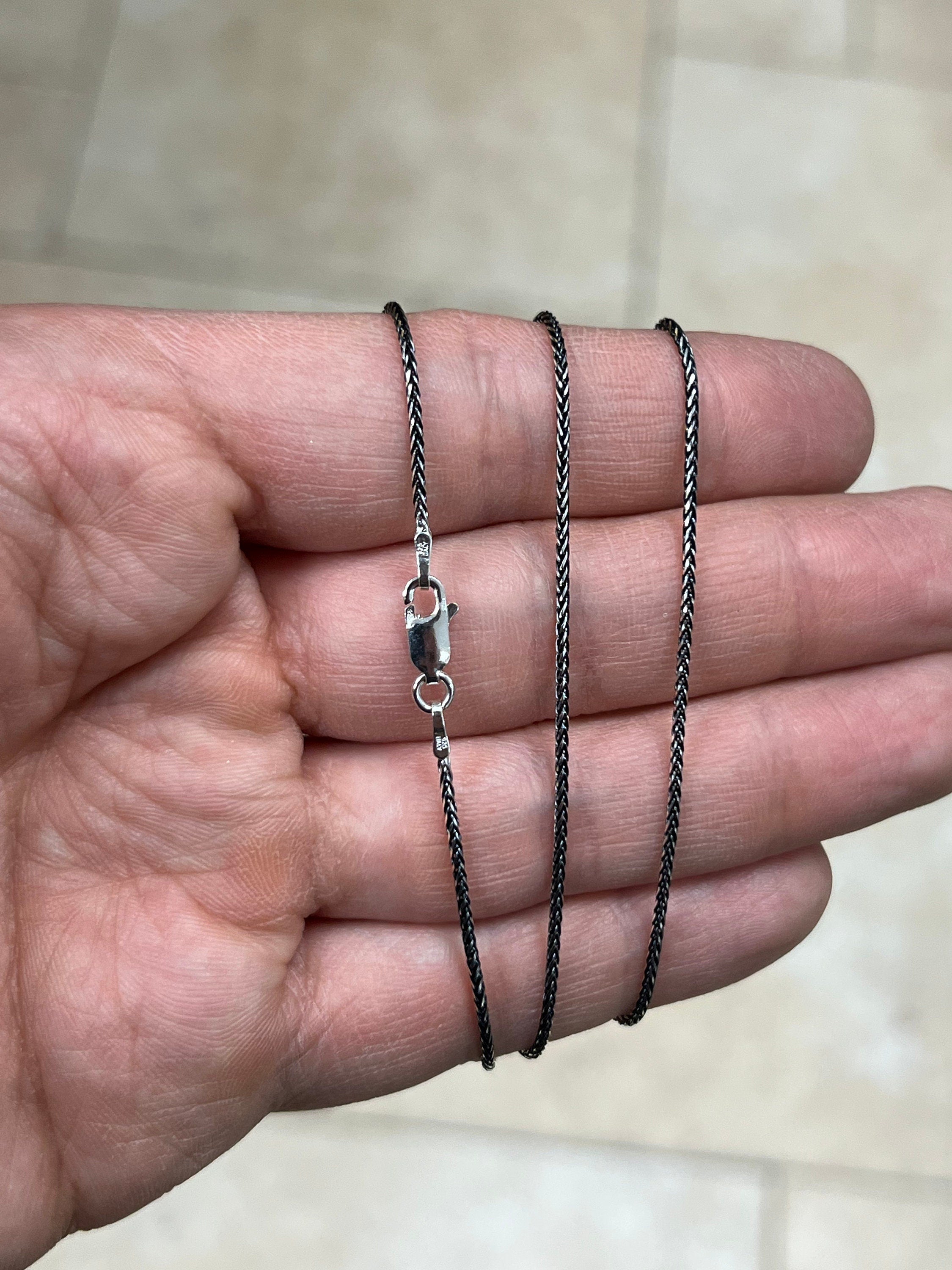 925 Sterling Silver Black Rhodium Spiga Wheat Chain necklaces 1mm 16",18",20",24",30" - Genuine 925 Silver - Black Spiga Chain