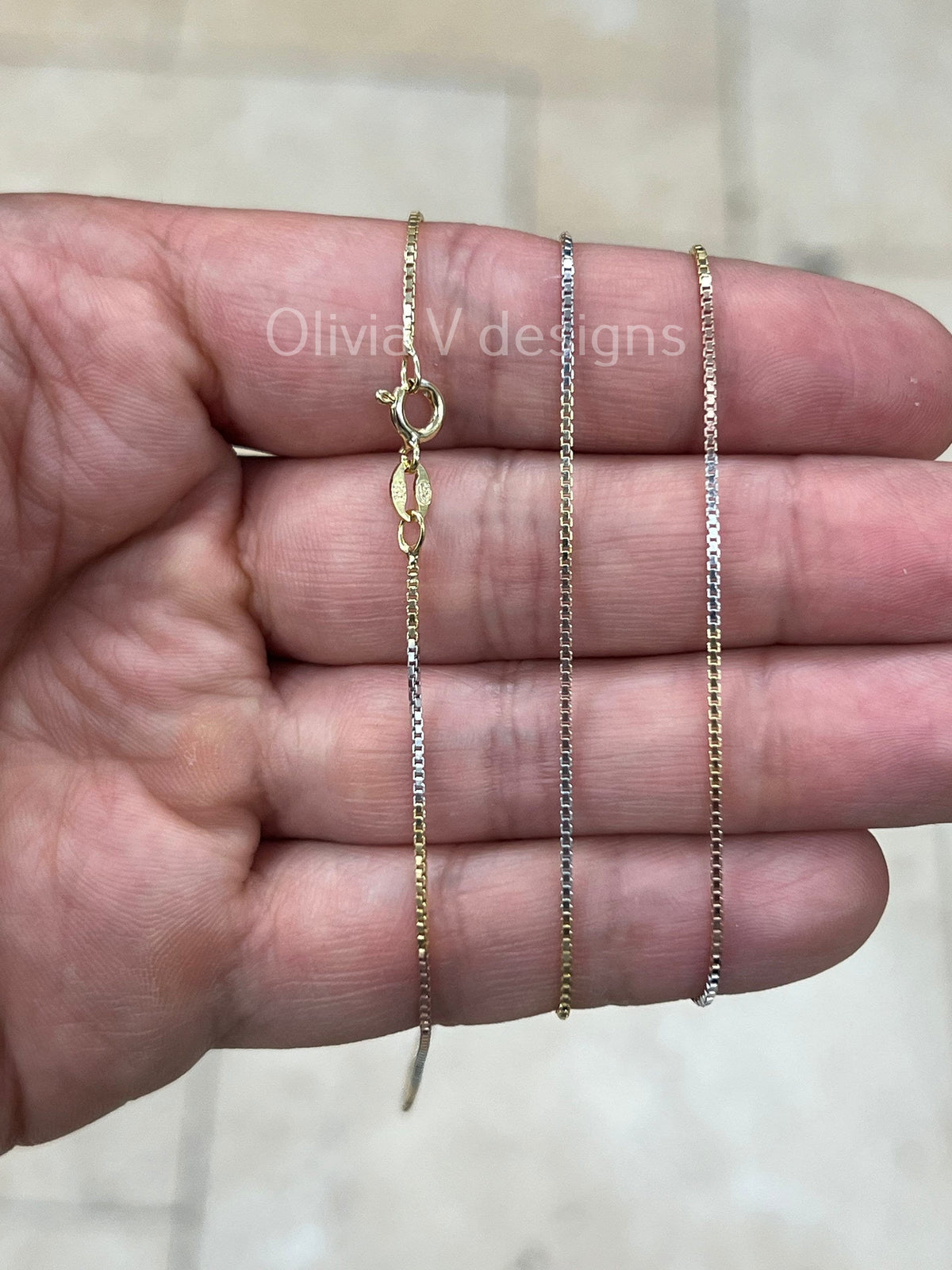 925 Sterling Silver Box Chain Tri-Color 1mm Necklace,  Alternating 14k Yellow Gold & Rose Gold Finish, 925 Sterling Silver
