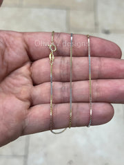 925 Sterling Silver Box Chain Tri-Color 1mm Necklace,  Alternating 14k Yellow Gold & Rose Gold Finish, 925 Sterling Silver