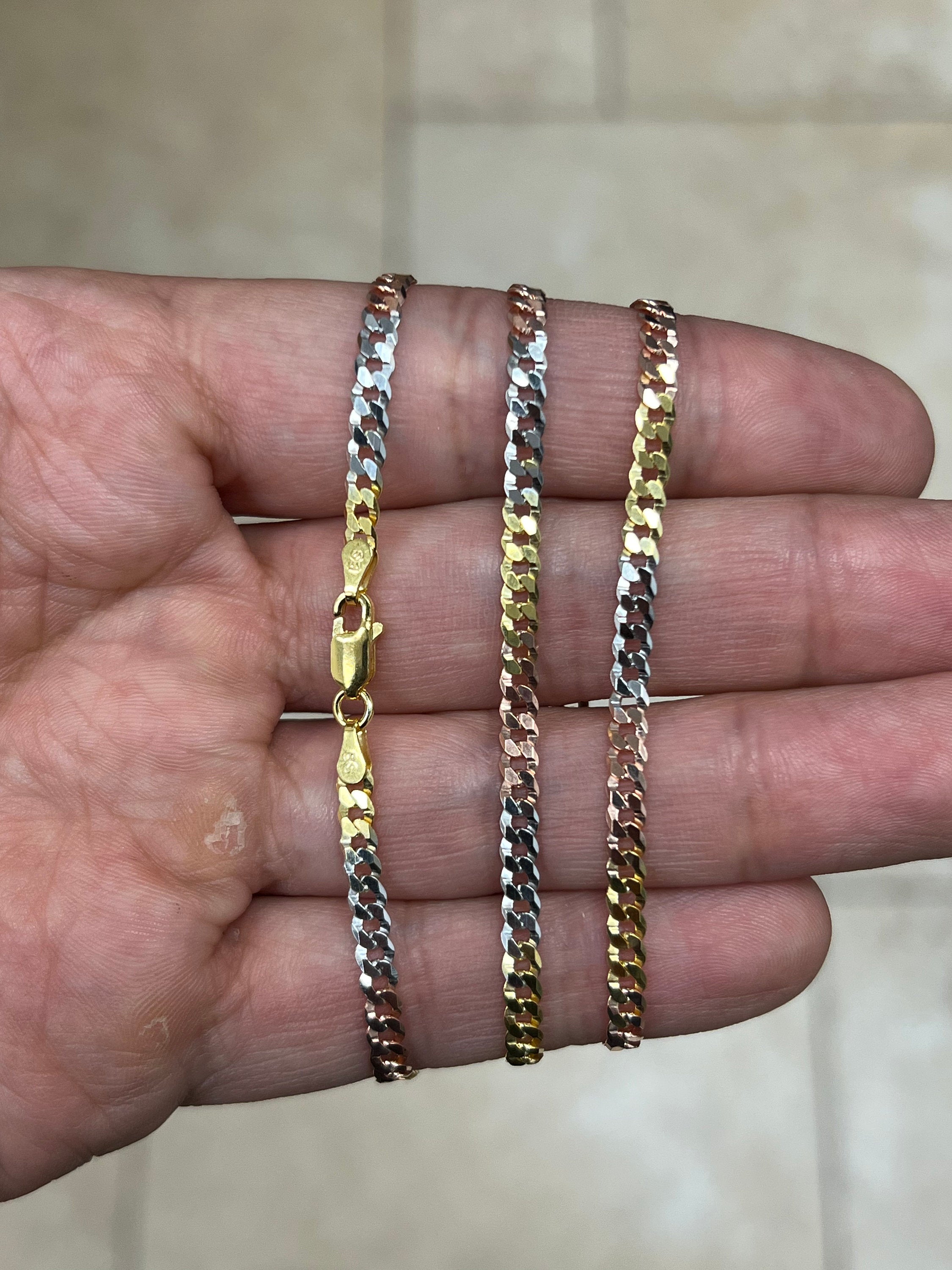 925 Sterling Silver Flat Cuban Tri-Color 3.5mm Necklace, Solid Flat Miami Cuban Curb Chain, Alternating 14k Yellow Gold & Rose Gold finish