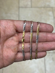 925 Sterling Silver Flat Cuban Tri-Color 3.5mm Necklace, Solid Flat Miami Cuban Curb Chain, Alternating 14k Yellow Gold & Rose Gold finish