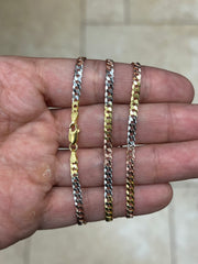 925 Sterling Silver Flat Cuban Tri-Color 3.5mm Necklace, Solid Flat Miami Cuban Curb Chain, Alternating 14k Yellow Gold & Rose Gold finish