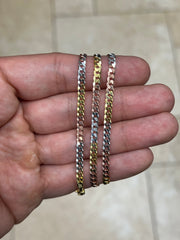 925 Sterling Silver Flat Cuban Tri-Color 3.5mm Necklace, Solid Flat Miami Cuban Curb Chain, Alternating 14k Yellow Gold & Rose Gold finish