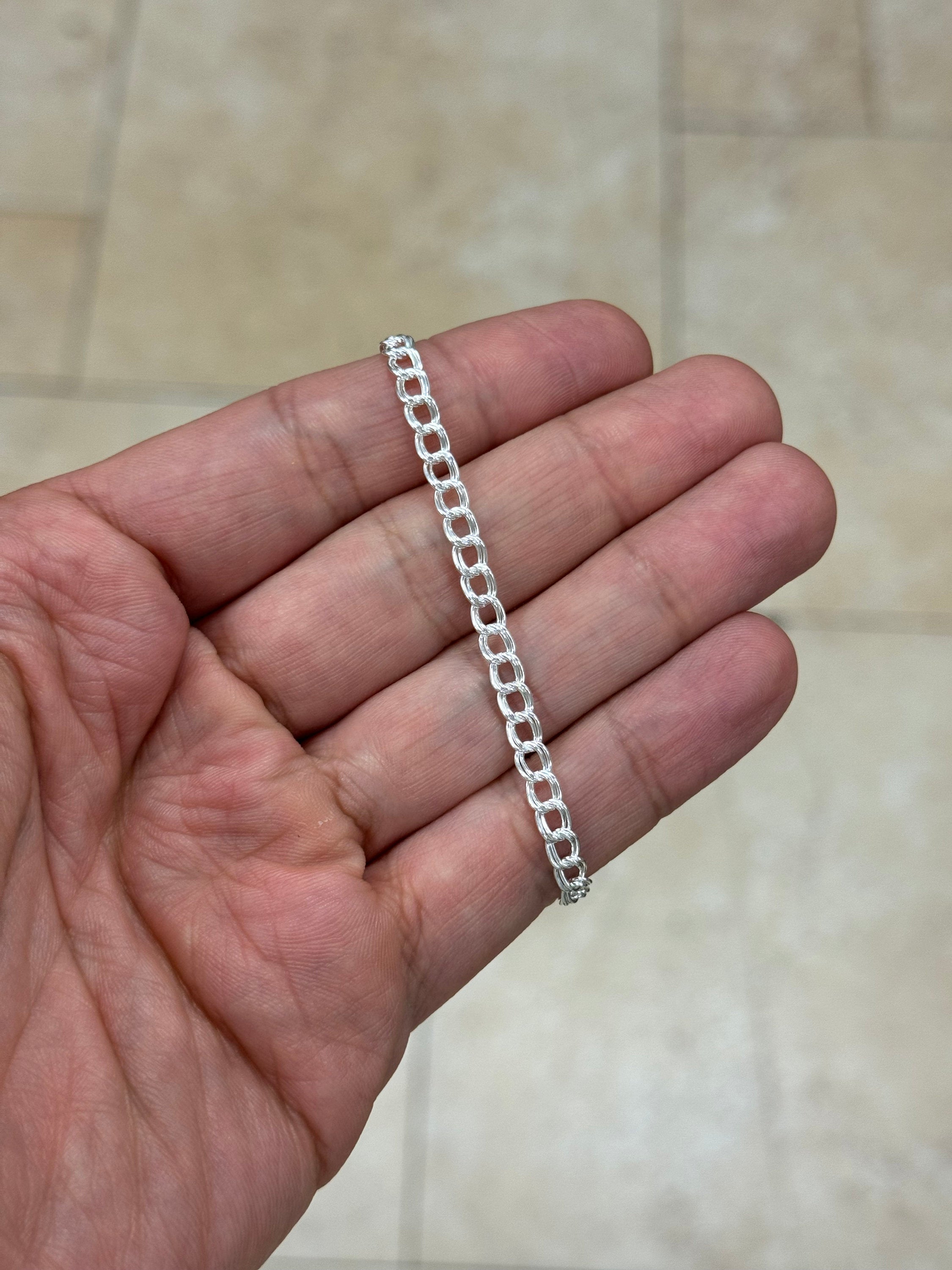 Solid 925 Sterling Silver Italian 4mm Double Link Charm Bracelet And Anklet, Made in Italy, Lengths: 7” 8” 9”