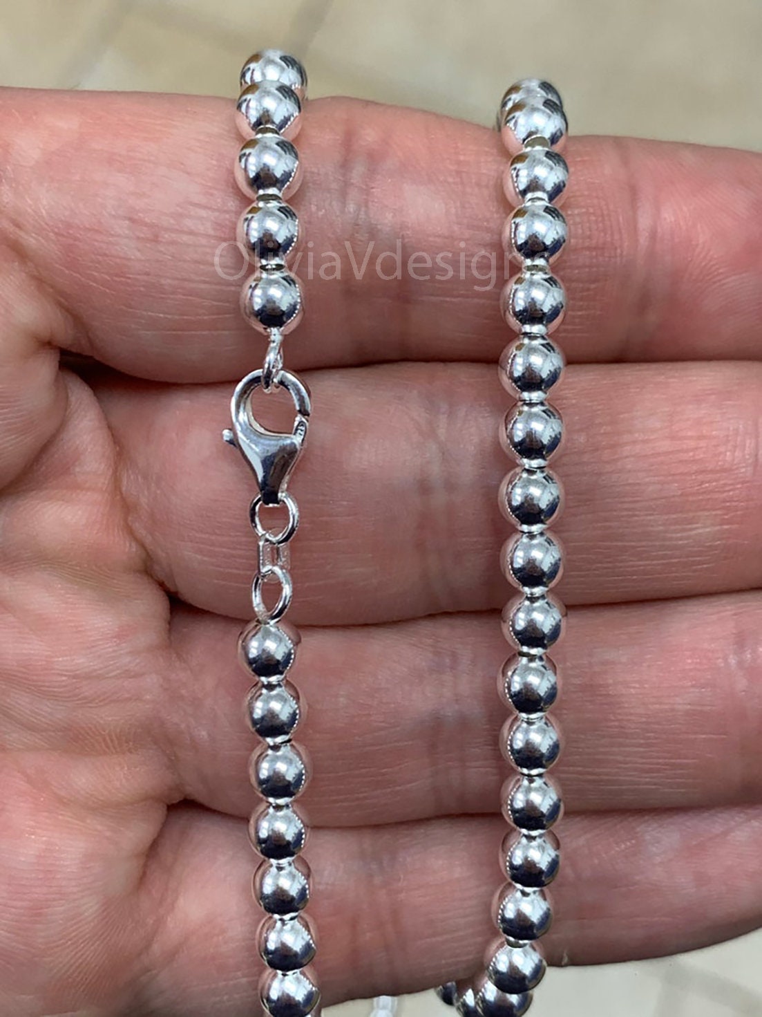 Solid 925 Sterling Silver Italian Ball Bead Chain Necklace, Made in Italy,  5mm Sterling Silver Ball Chain, Ball Necklace Chain