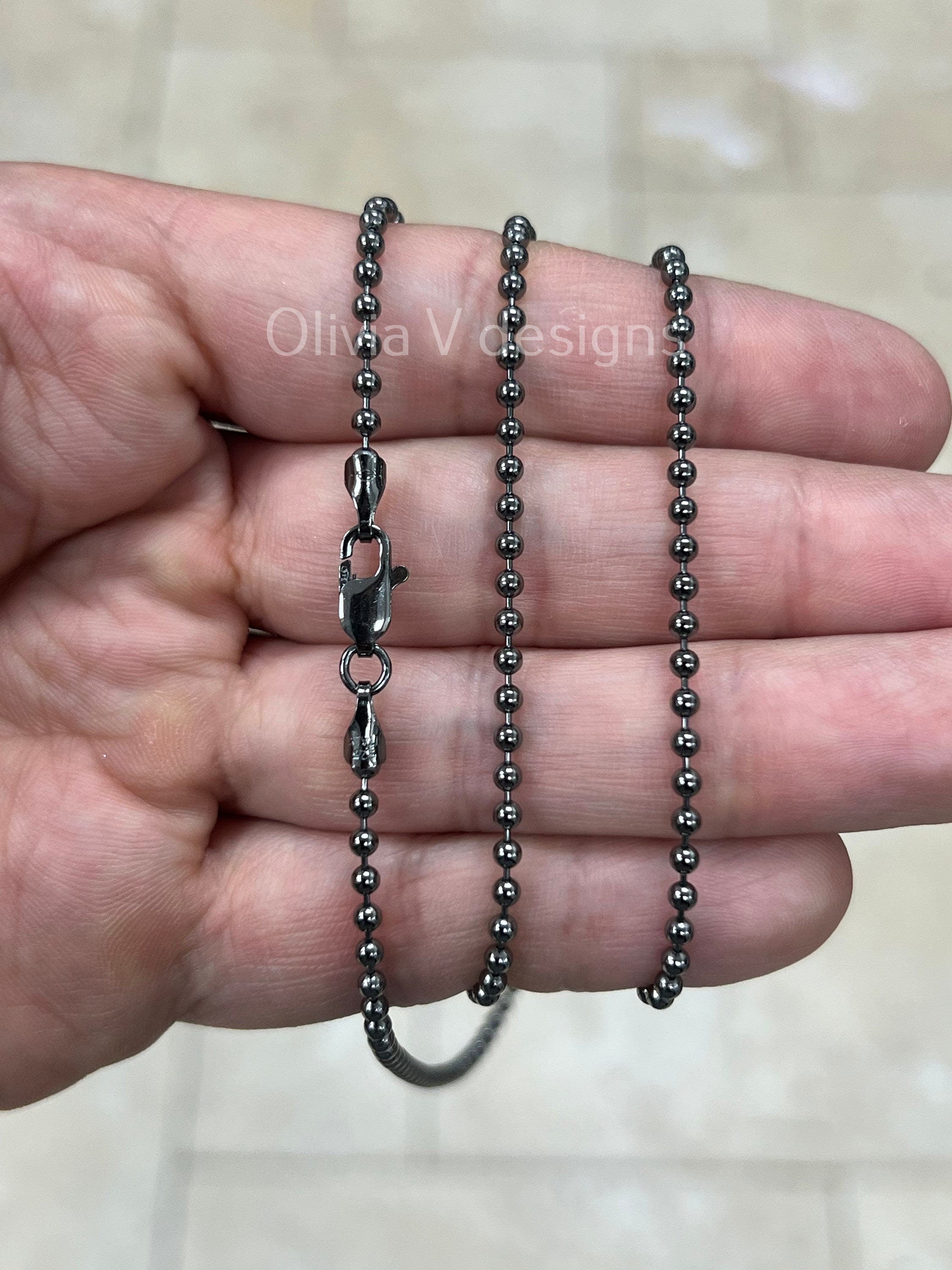 Solid 925 Sterling Silver Italian Black Rhodium Ball Bead Chain 2mm Necklace, Made in Italy Chains For Men, Necklace, Dog Tag Necklace