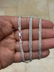 925 Sterling Silver Italian Solid Double Link Pave Cuban Curb Link Chain Bracelet 8'' 20'' 22'' 24'' 30'' 4MM - Genuine 925 Sterling Silver