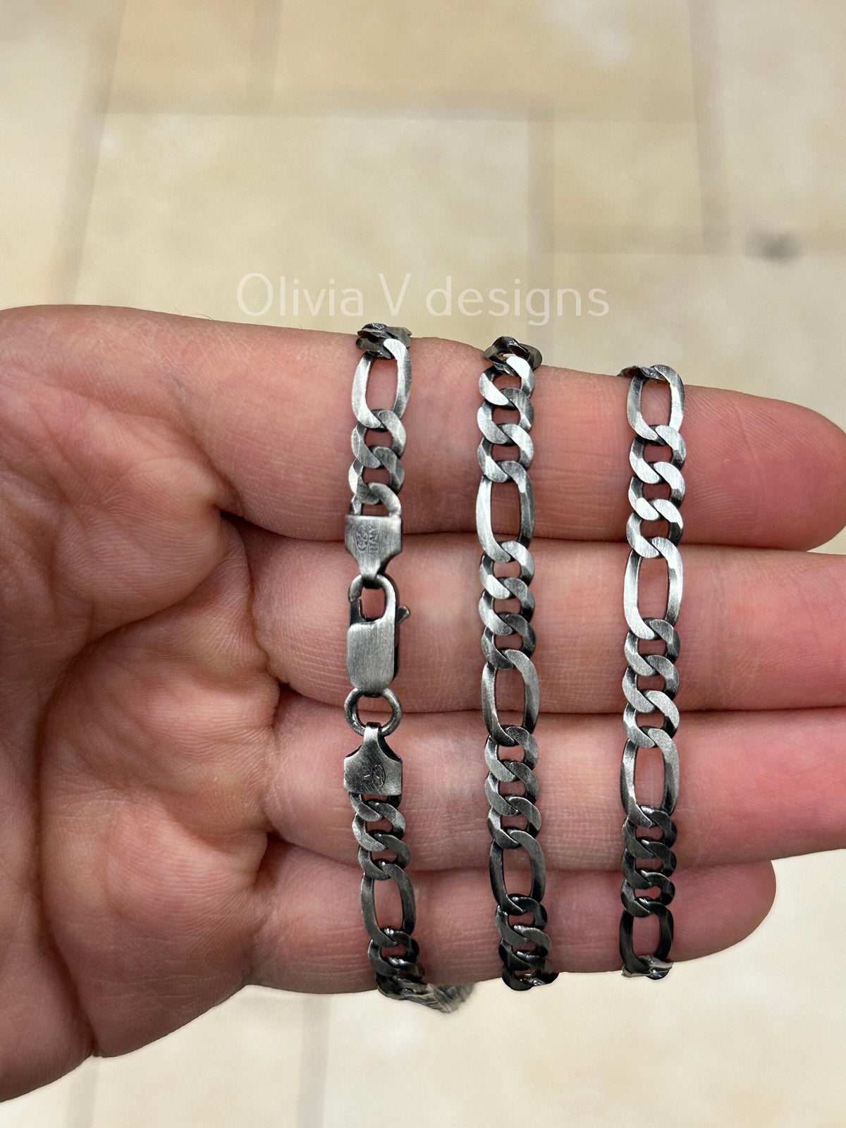 925 Sterling Silver Italian Solid Figaro Link Necklace Chain 20'' 22'' 24'' 30'' 6mm - Titanium Gunmetal Finish