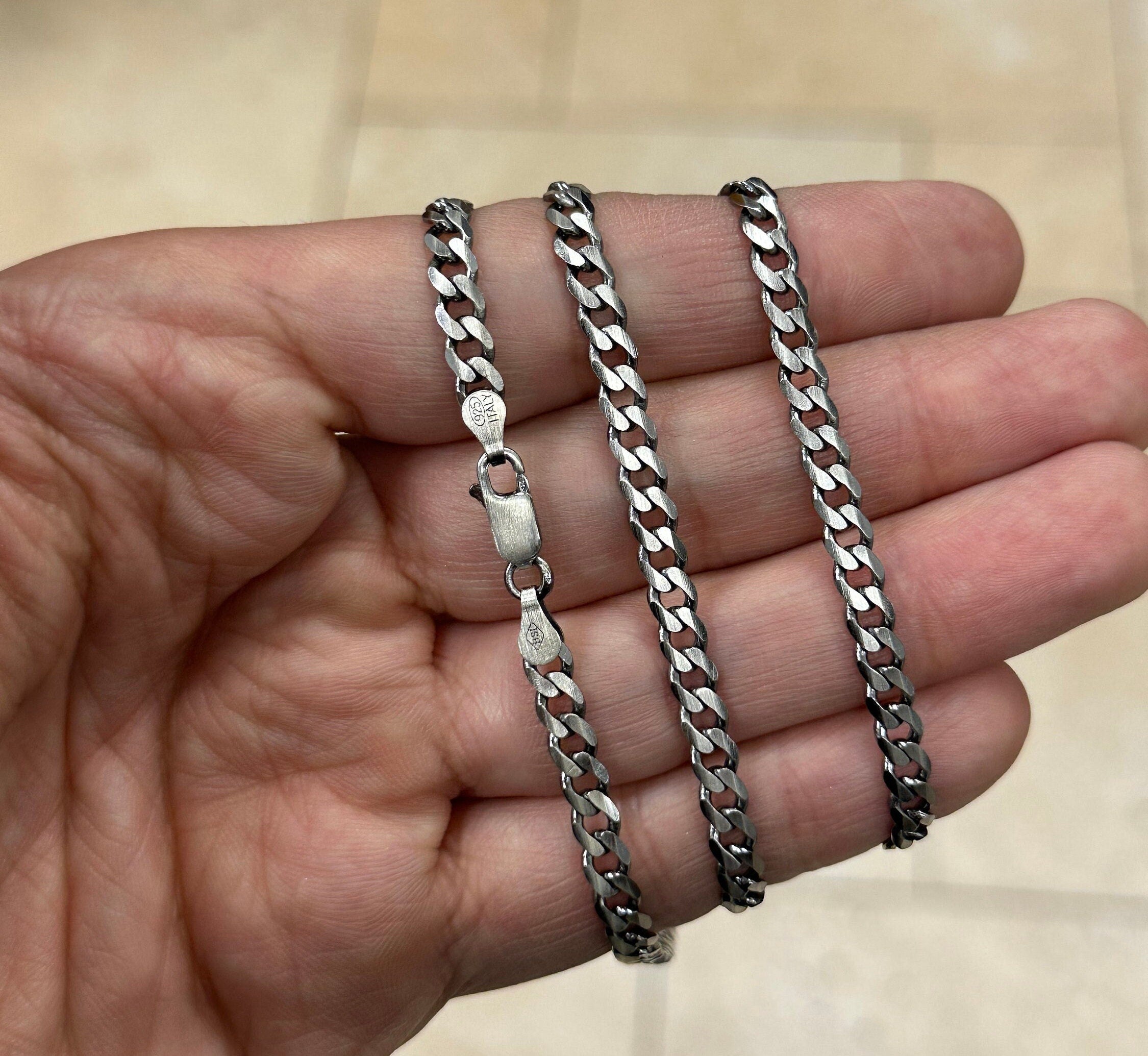 925 Sterling Silver Italian Solid Flat Cuban Curb Link Chain 18'' 20' 22'' 4.7mm - Titanium Gunmetal Finish