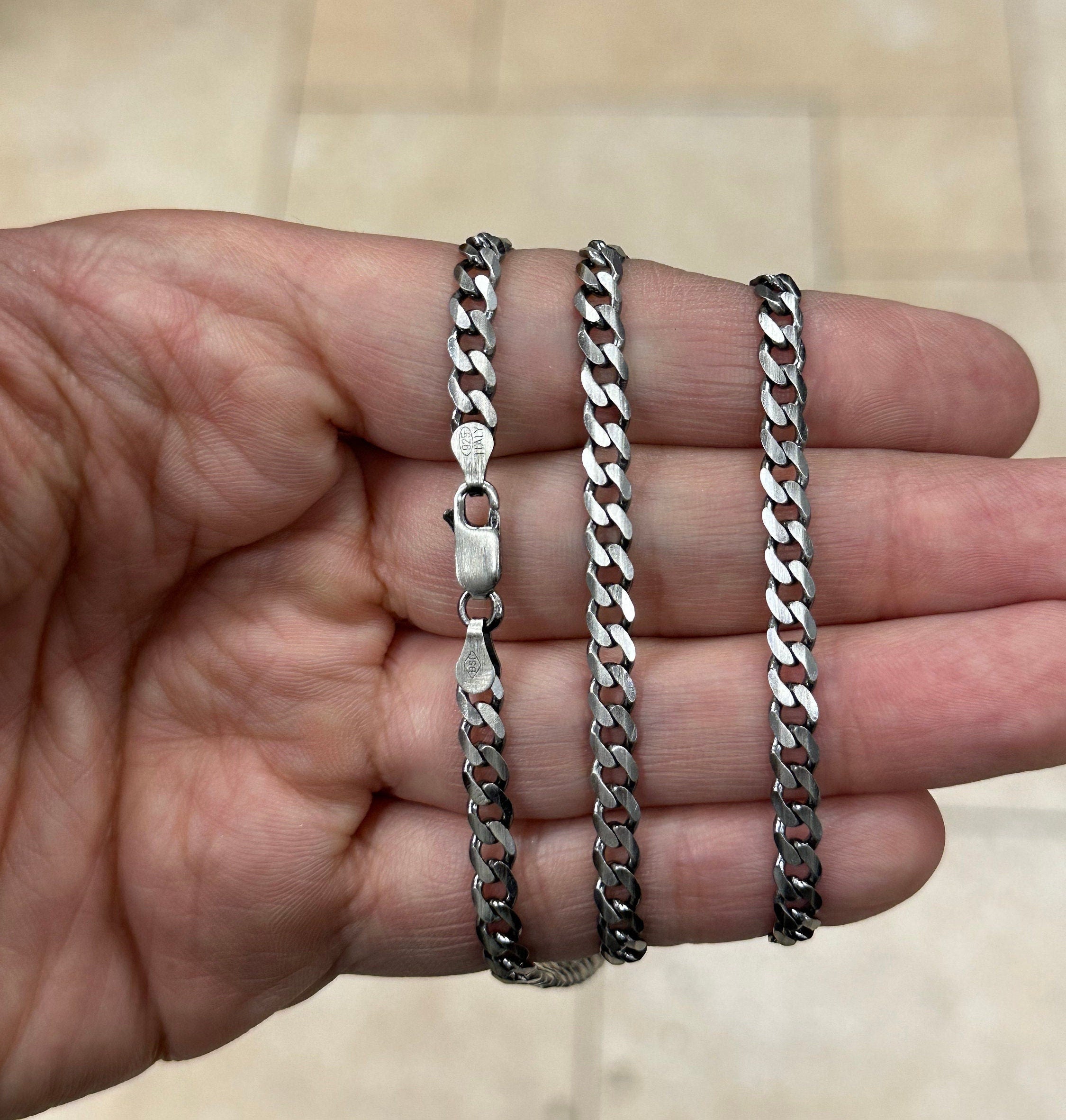 925 Sterling Silver Italian Solid Flat Cuban Curb Link Chain 18'' 20' 22'' 4.7mm - Titanium Gunmetal Finish