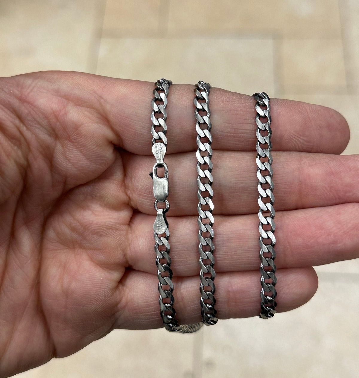 925 Sterling Silver Italian Solid Flat Cuban Curb Link Chain 18'' 20' 22'' 4.7mm - Titanium Gunmetal Finish
