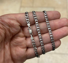 925 Sterling Silver Italian Solid Flat Cuban Curb Link Chain 18'' 20' 22'' 4.7mm - Titanium Gunmetal Finish
