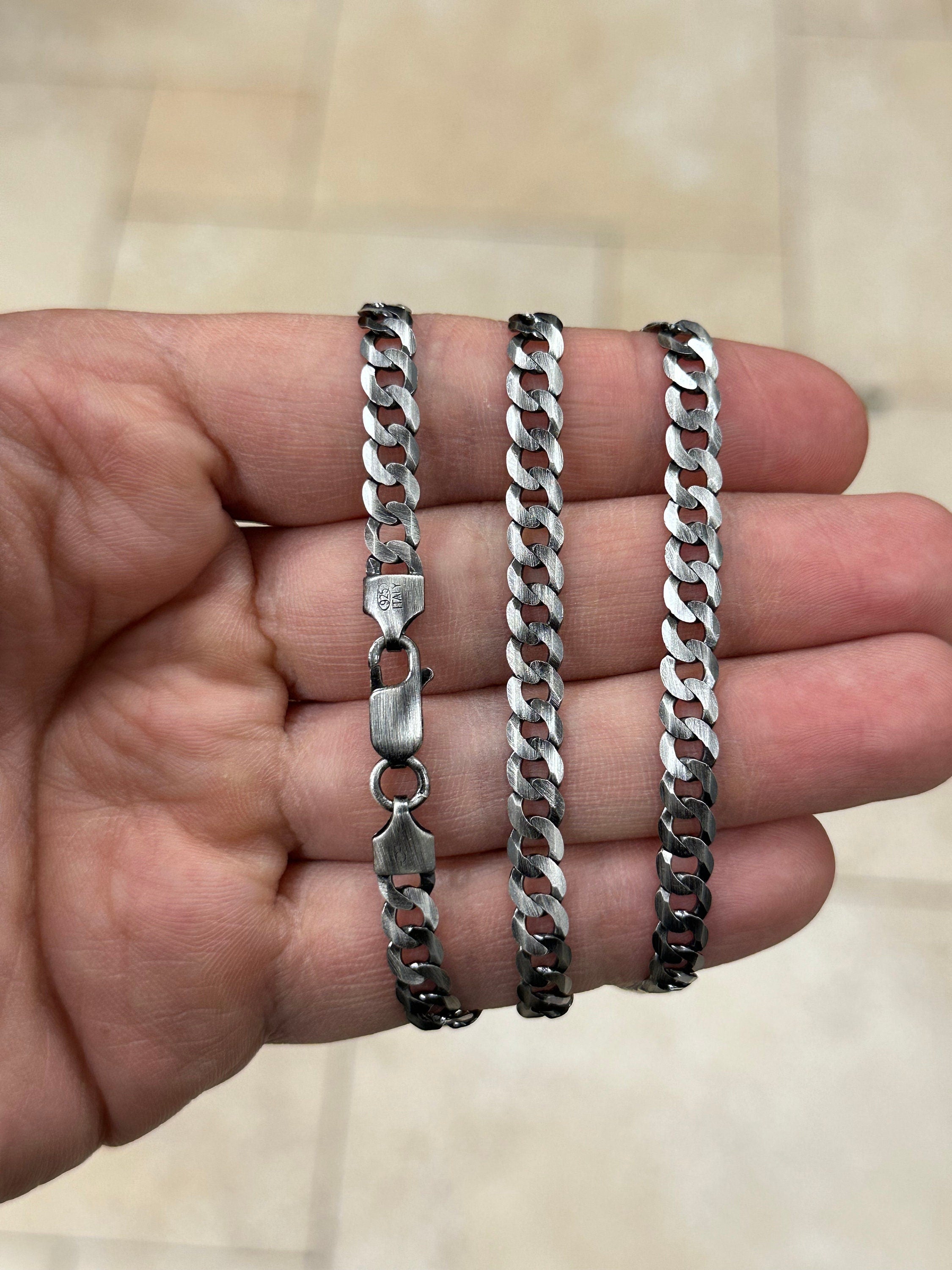 925 Sterling Silver Italian Solid Flat Cuban Curb Link Chain 18'' 20' 24'' 30'' 5.7mm - Titanium Gunmetal Finish