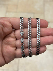 925 Sterling Silver Italian Solid Flat Cuban Curb Link Chain 18'' 20' 24'' 30'' 5.7mm - Titanium Gunmetal Finish