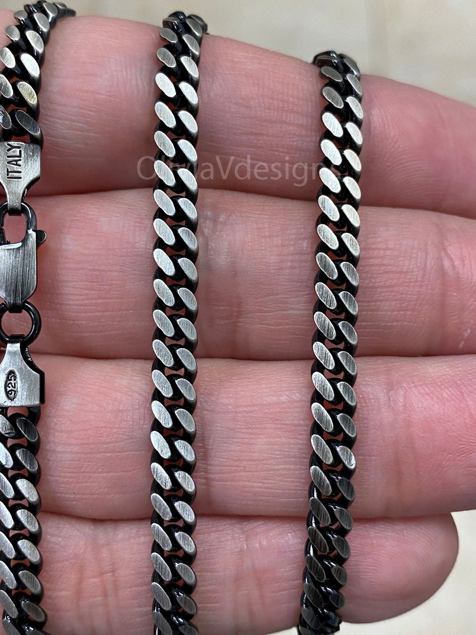 925 Sterling Silver Italian Solid Miami Cuban Curb Link Necklace Chain 20' 24'' 30'' 5mm - Titanium Gunmetal Finish