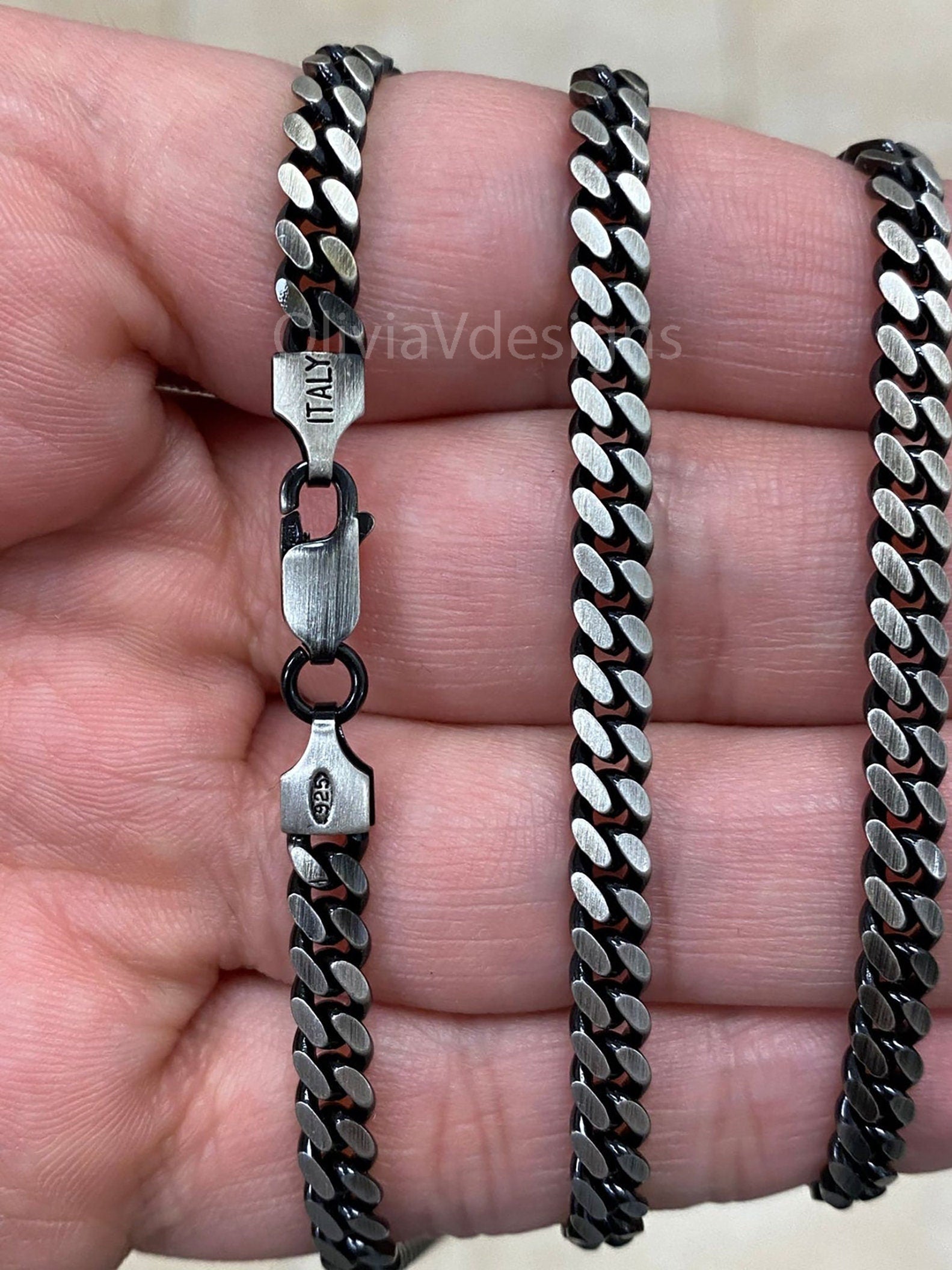 925 Sterling Silver Italian Solid Miami Cuban Curb Link Necklace Chain 20' 24'' 30'' 5mm - Titanium Gunmetal Finish