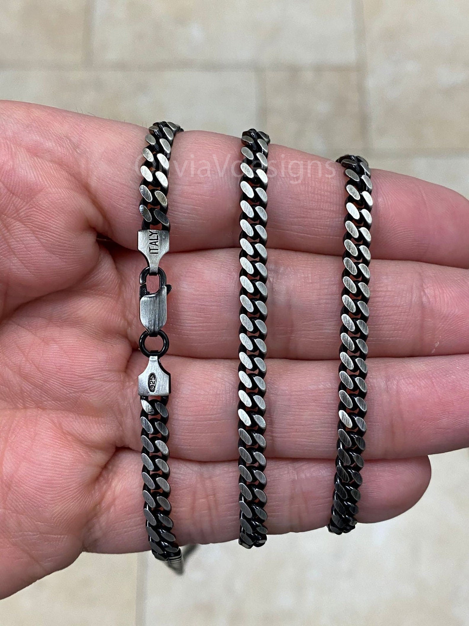 925 Sterling Silver Italian Solid Miami Cuban Curb Link Necklace Chain 20' 24'' 30'' 5mm - Titanium Gunmetal Finish
