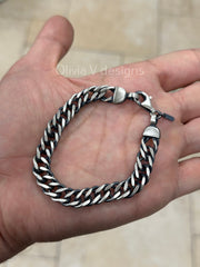 925 Sterling Silver Italian Solid Rambo Bracelet 8'' Inch 9mm - Titanium Gunmetal Finish