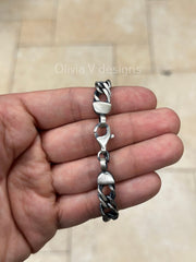 925 Sterling Silver Italian Solid Rambo Bracelet 8'' Inch 9mm - Titanium Gunmetal Finish