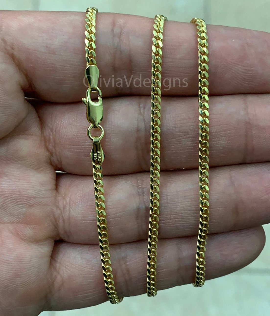 925 Sterling Silver Over 14K Gold Italian Solid Cuban Curb Link Chain 3mm -  18'' 20'' 22'' 24'' 26'' 28'' 30'' BEST Price!! BEST Seller!!