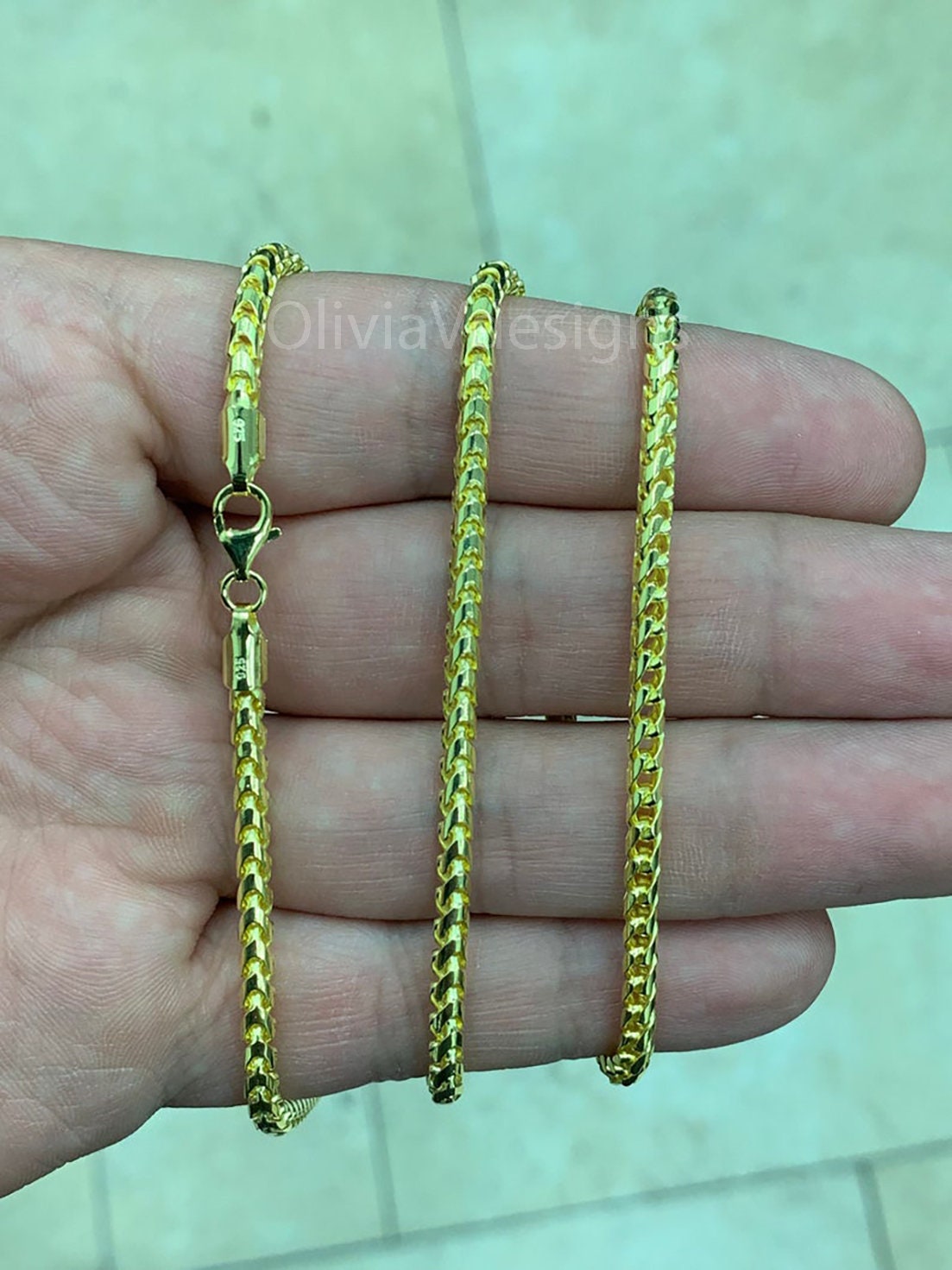 925 Sterling Silver Over 14K Gold  Round Franco Wheat Foxtail 3.00mm Chain 20'' 22'' 24'' 26'' 28'' 30'' / Lowest Price / High Quality
