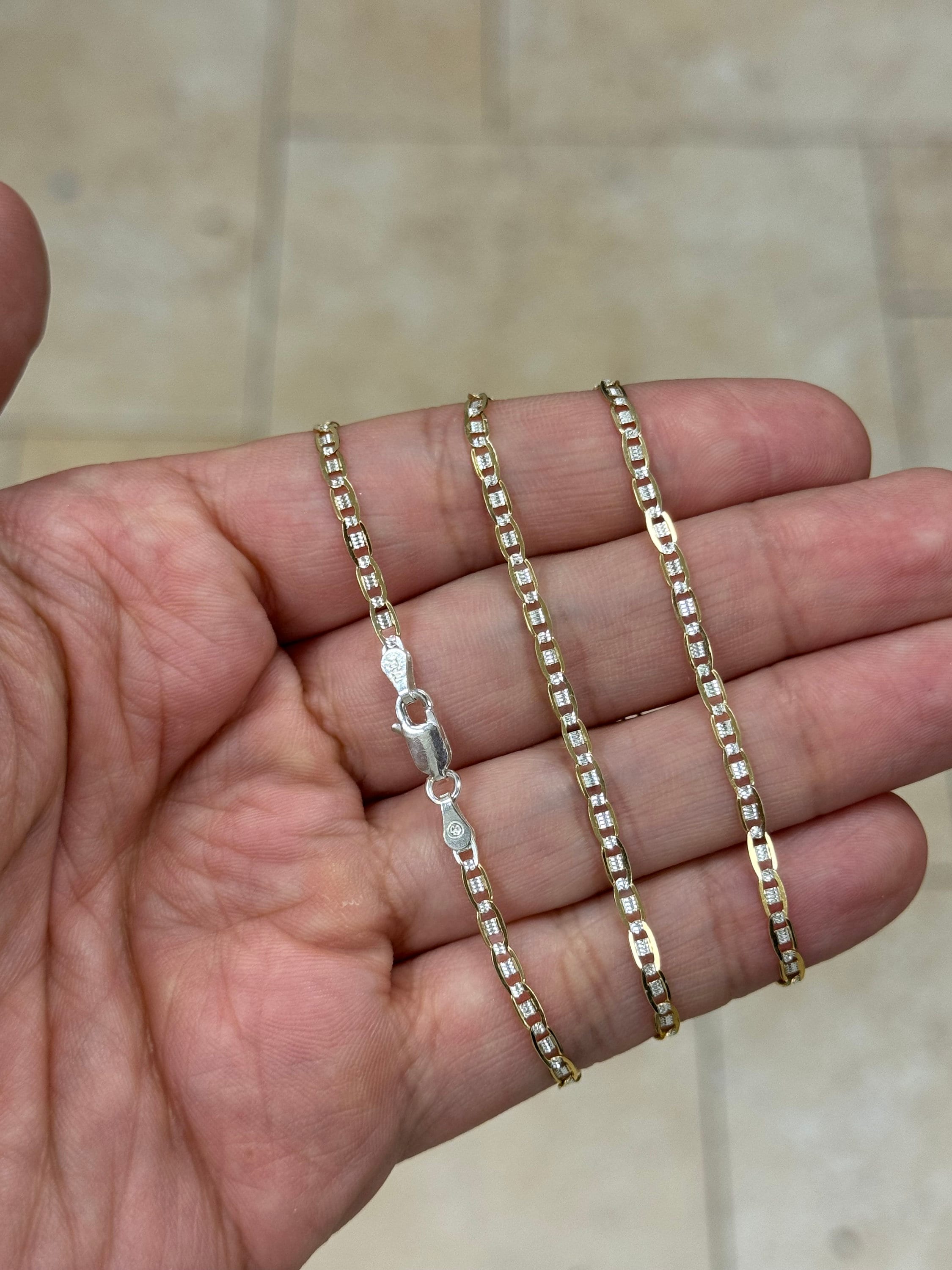 925 Sterling Silver Over 14k Yellow Gold Pave Flat Mariner Chain 3mm 16",18",20" - Genuine 925 Silver - Double Sided, Made In Italy