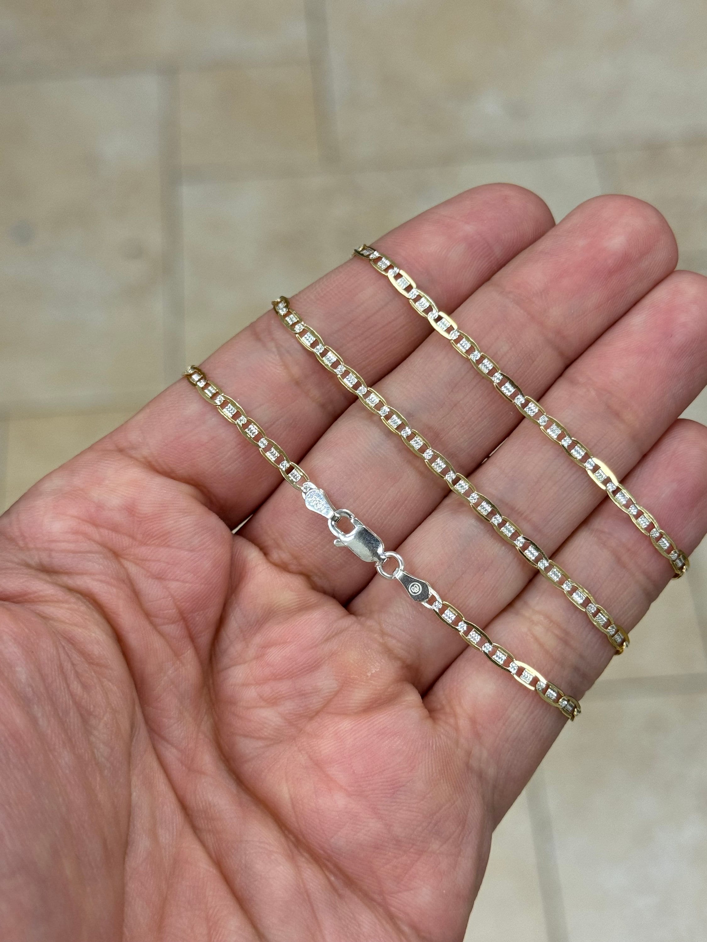 925 Sterling Silver Over 14k Yellow Gold Pave Flat Mariner Chain 3mm 16",18",20" - Genuine 925 Silver - Double Sided, Made In Italy