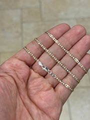 925 Sterling Silver Over 14k Yellow Gold Pave Flat Mariner Chain 3mm 16",18",20" - Genuine 925 Silver - Double Sided, Made In Italy