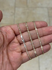 925 Sterling Silver Over 14k Yellow Gold Pave Flat Mariner Chain 3mm 16",18",20" - Genuine 925 Silver - Double Sided, Made In Italy