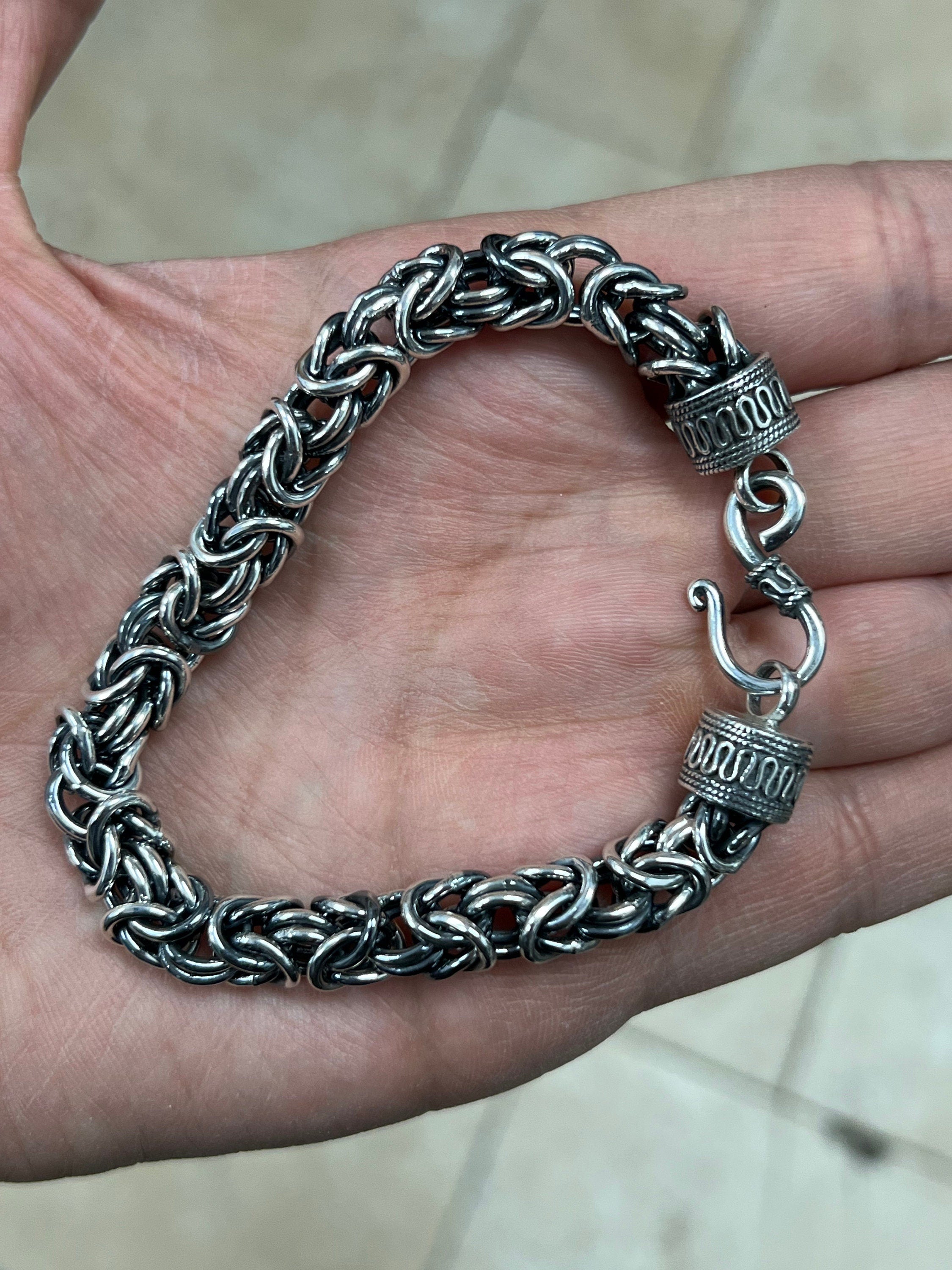 925 Sterling Silver Oxidized Bali BYZANTINE Borobudur Link Bracelet 8mm - Hand Made - Unisex