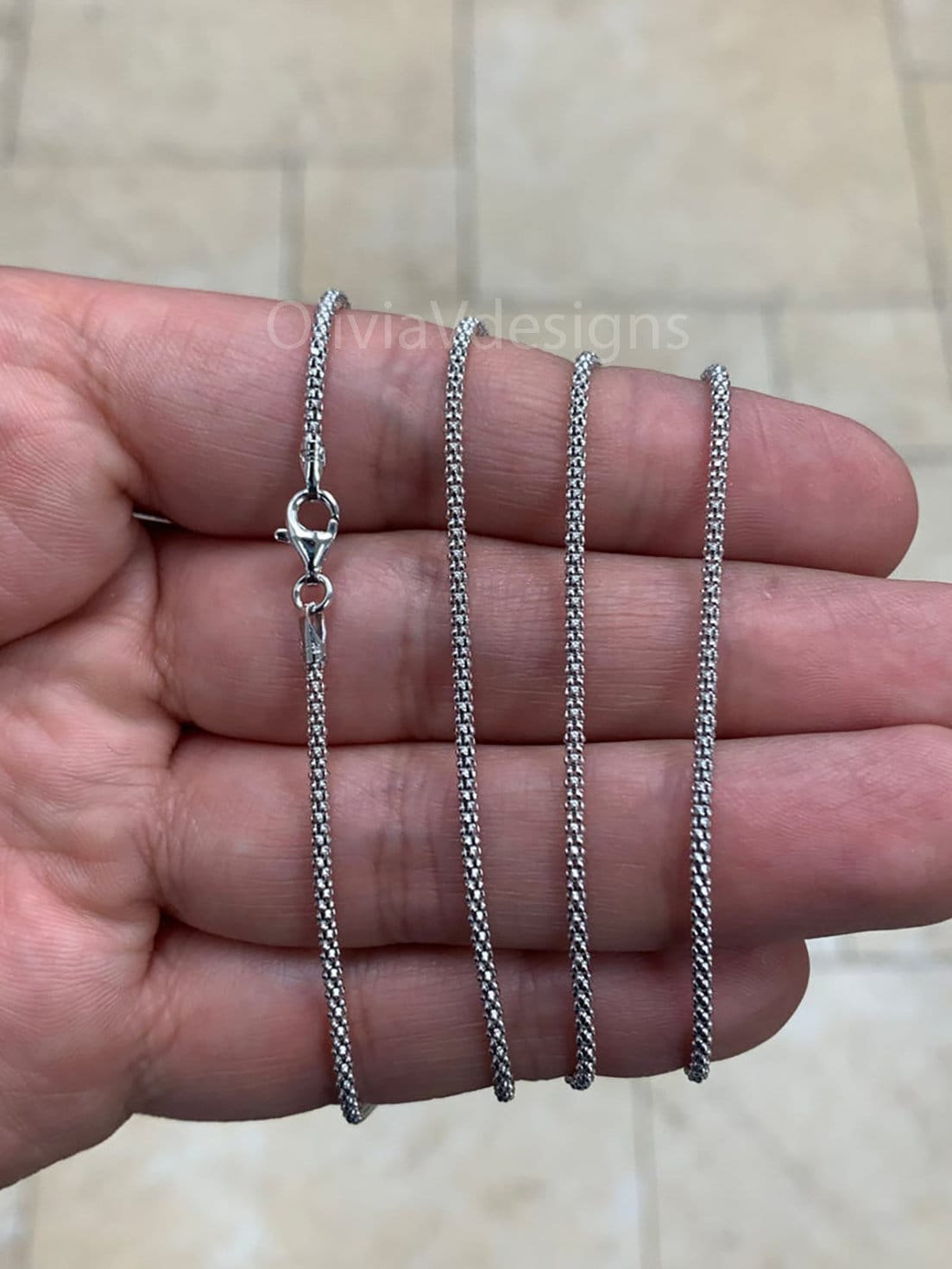 925 Sterling Silver Rhodium Popcorn 1.8mm chain, Anti-Tarnish Chain, Sterling Silver Chain, 925 Chain, Italian Silver Chain