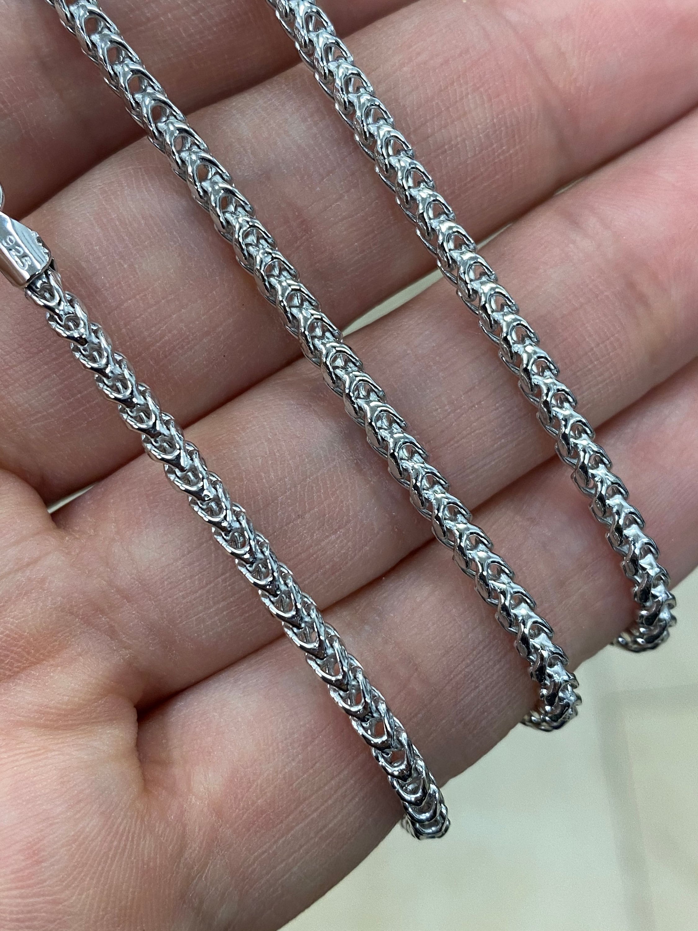 925 Sterling Silver Rhodium Round Franco Wheat Foxtail 3.00mm Chain 16'' 18'' 20'' 22'' 24''  30'' / 925 Sterling Silver / Gift