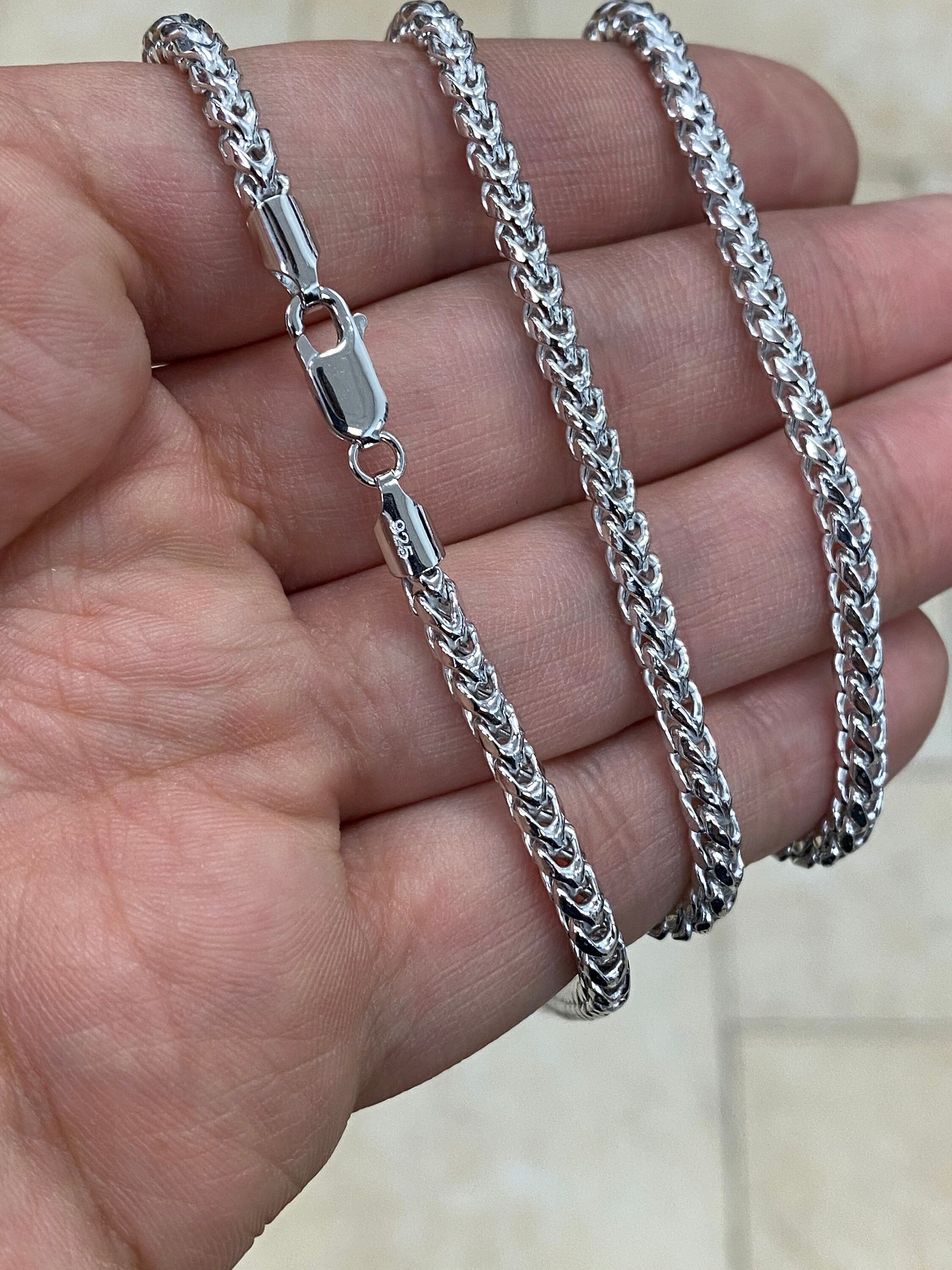 925 Sterling Silver Rhodium Round Franco Wheat Foxtail 3.50mm Chain 16'' 18'' 20'' 22'' 24''  30'' / 925 Sterling Silver / Gift