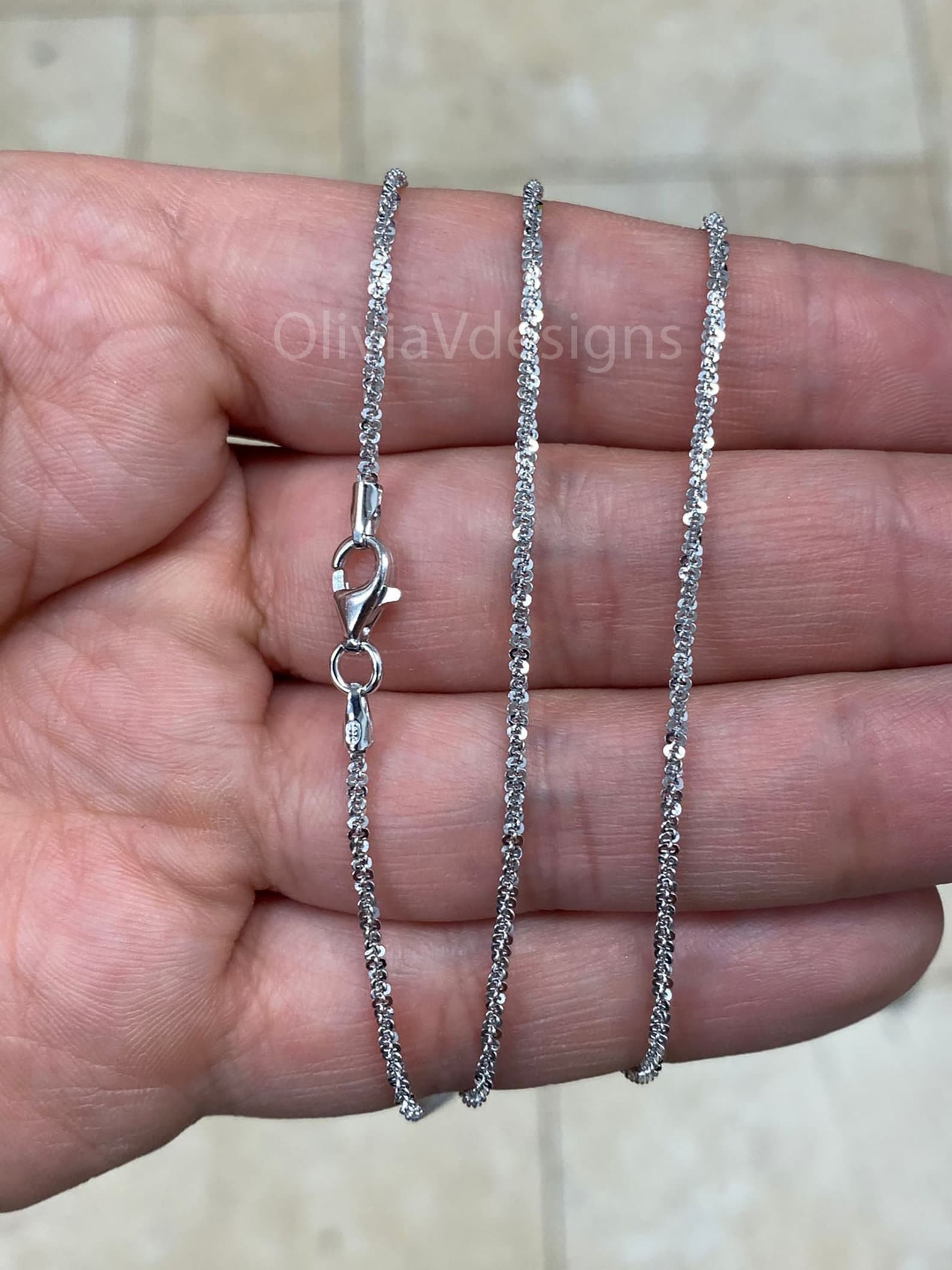 925 Sterling Silver Rhodium Sparkle Glitter Margarita Twisted Rock Chain 2.00mm Necklace, Real 925 Sterling Silver, Diamond Cut, Italian