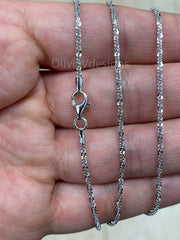 925 Sterling Silver Rhodium Sparkle Glitter Margarita Twisted Rock Chain 2.00mm Necklace, Real 925 Sterling Silver, Diamond Cut, Italian