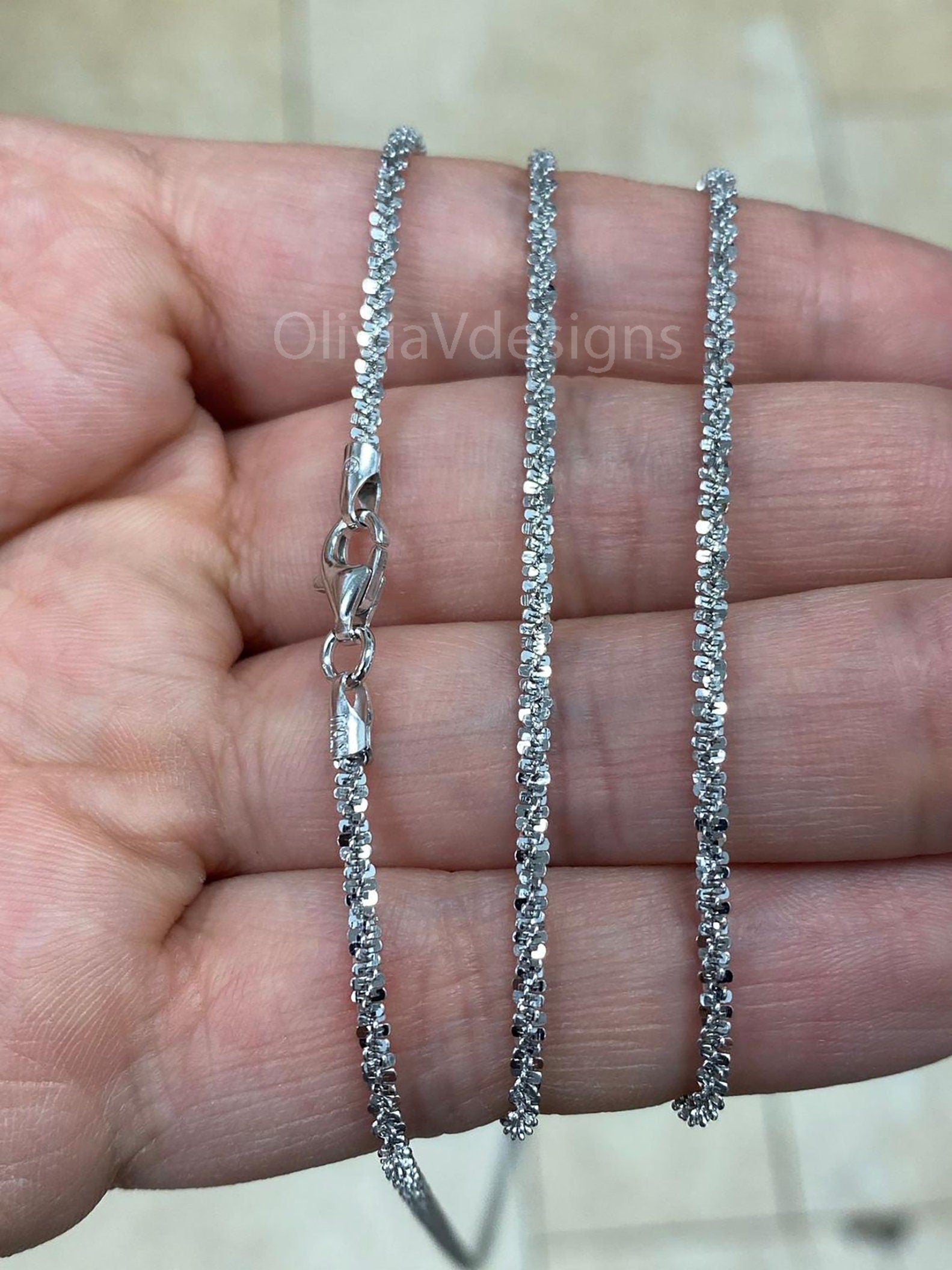 925 Sterling Silver Rhodium Sparkle Glitter Margarita Twisted Rock Chain 2.5mm Necklace, Real 925 Sterling Silver, Diamond Cut, Italian