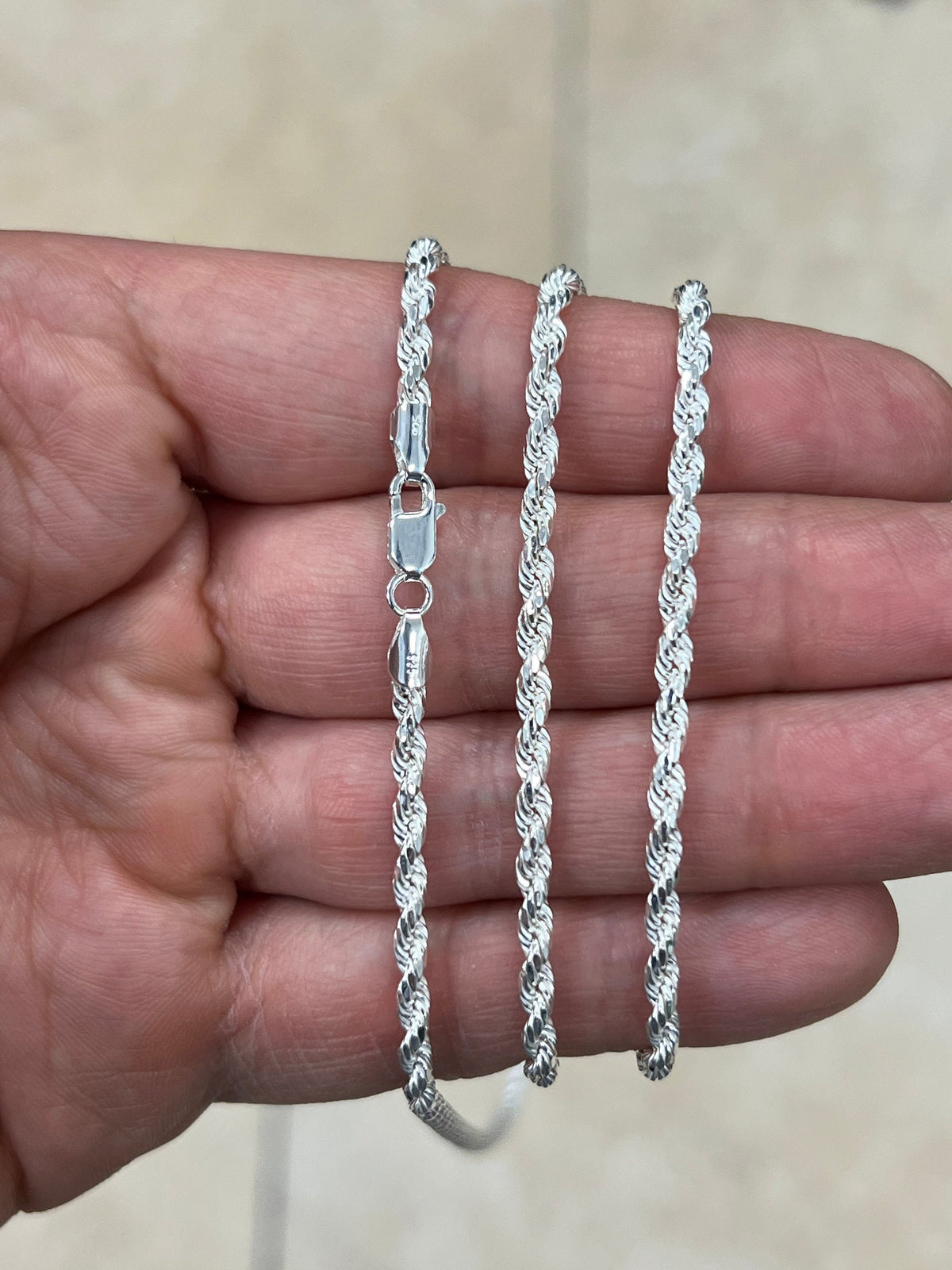 925 Sterling Silver Rope Chain Necklace 3mm, Lobster Clasp, New, Ready To Wear, Made in Italy, Gift, Bridal, Men, Woman, Gift
