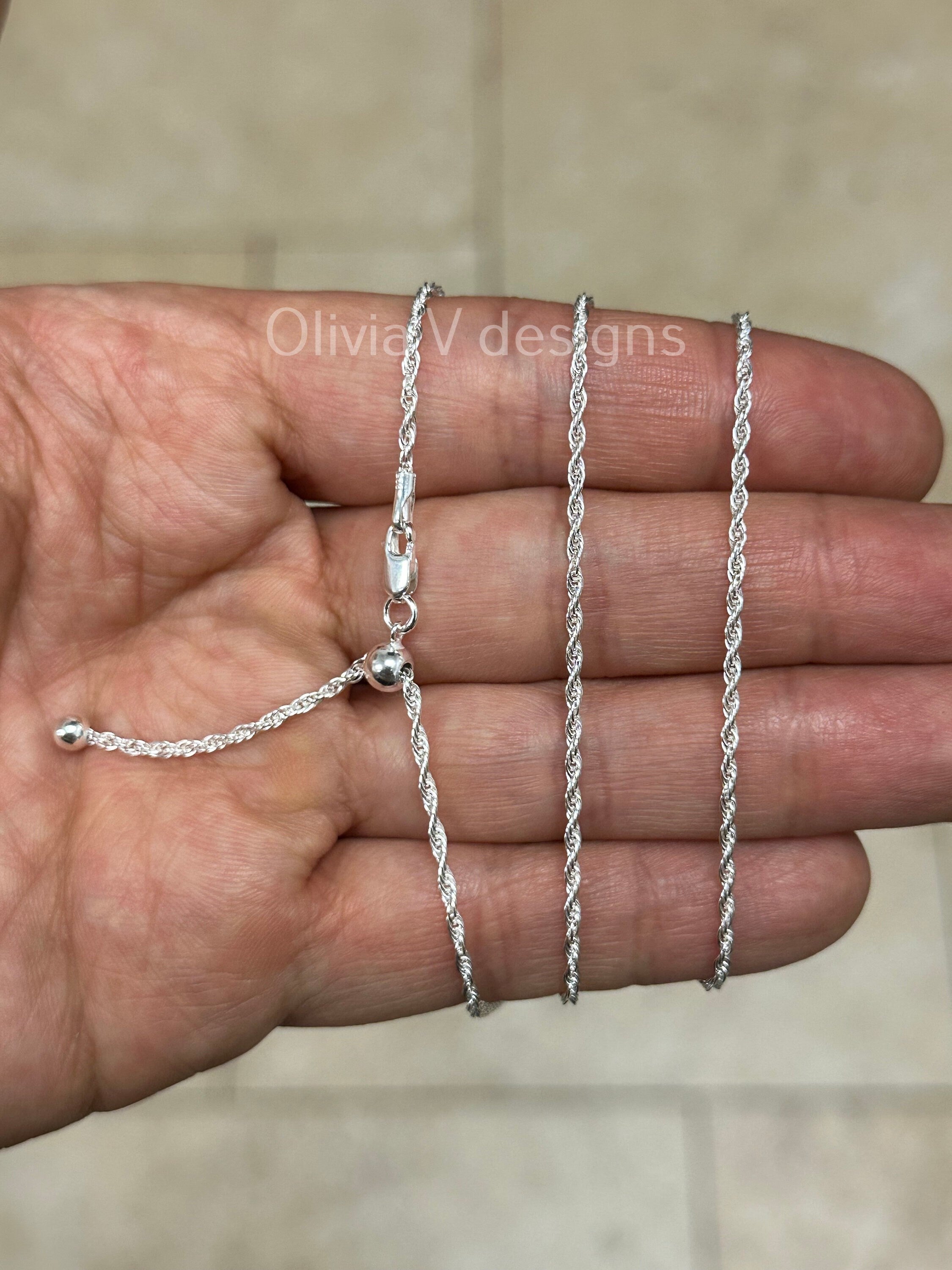 925 Sterling Silver Solid Loose Rope Adjustable Chain Necklace 24" 2mm Italy, 925 Sterling Silver, Yellow Gold