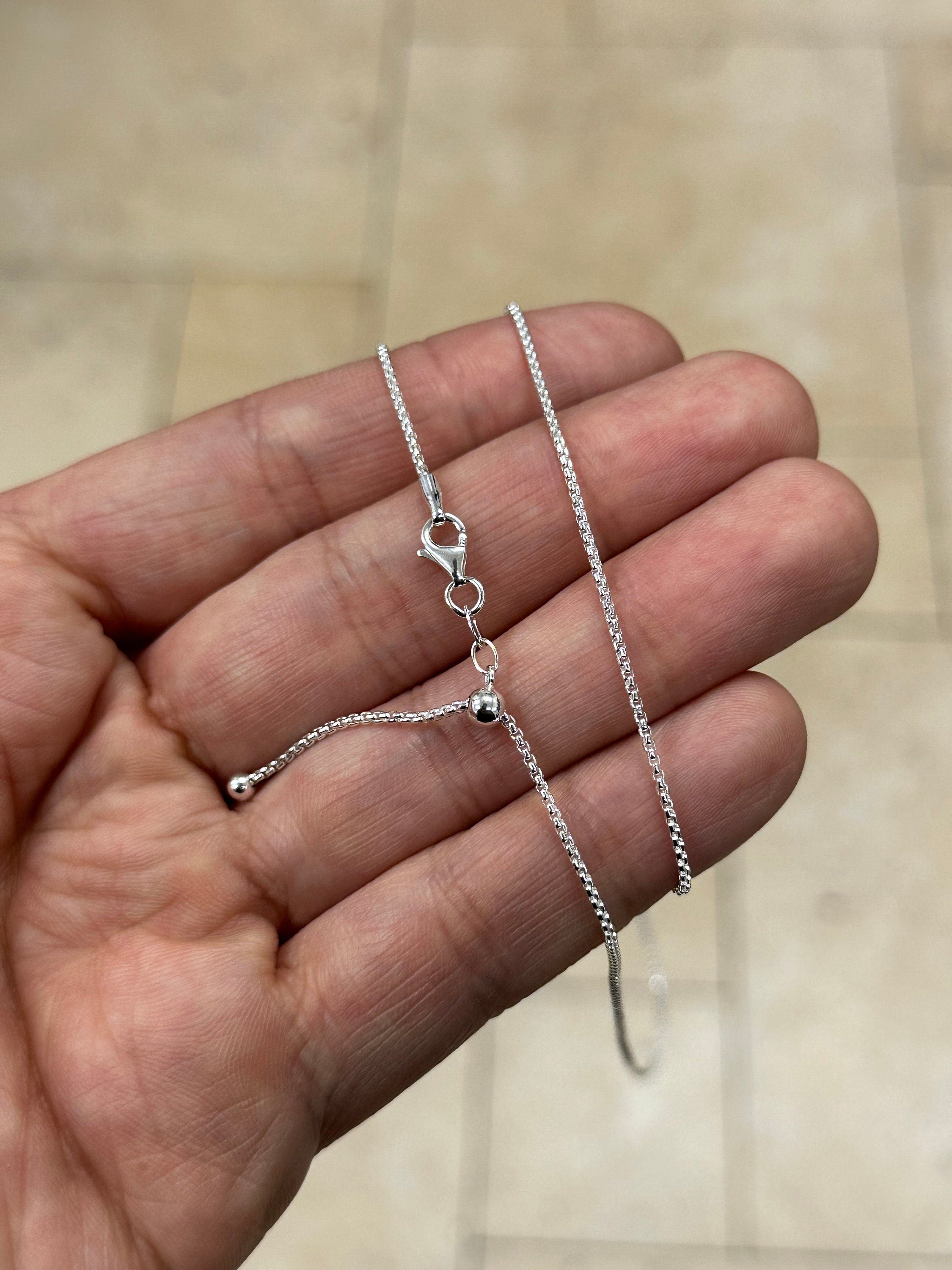 925 Sterling Silver Solid Round Box Adjustable Chain Necklace 24" 1.3mm, 925 Sterling Silver, Gift, Men Women