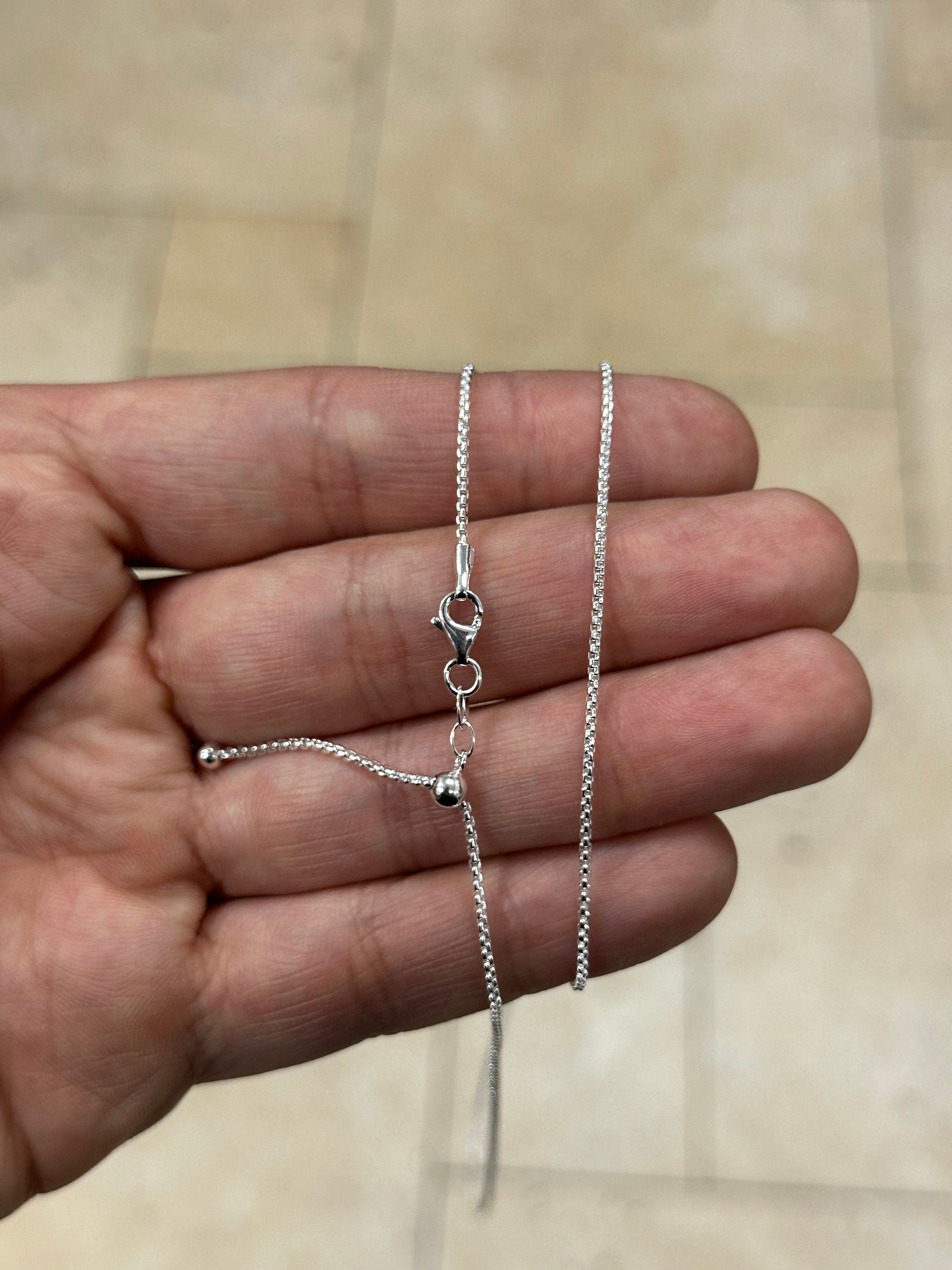 925 Sterling Silver Solid Round Box Adjustable Chain Necklace 24" 1.3mm, 925 Sterling Silver, Gift, Men Women