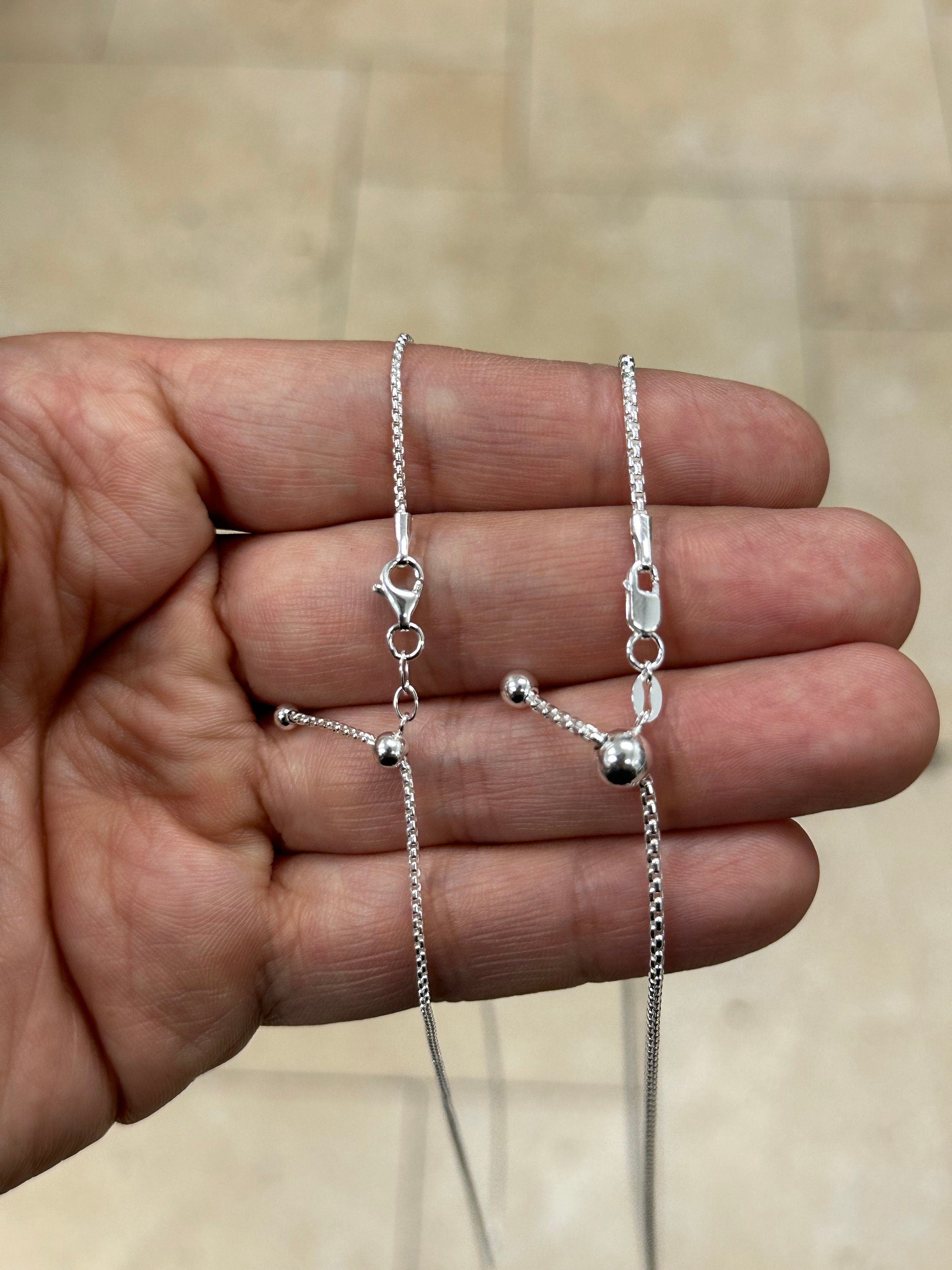 925 Sterling Silver Solid Round Box Adjustable Chain Necklace 24" 1.3mm OR 1.8mm, 925 Sterling Silver, Gift, Men Women