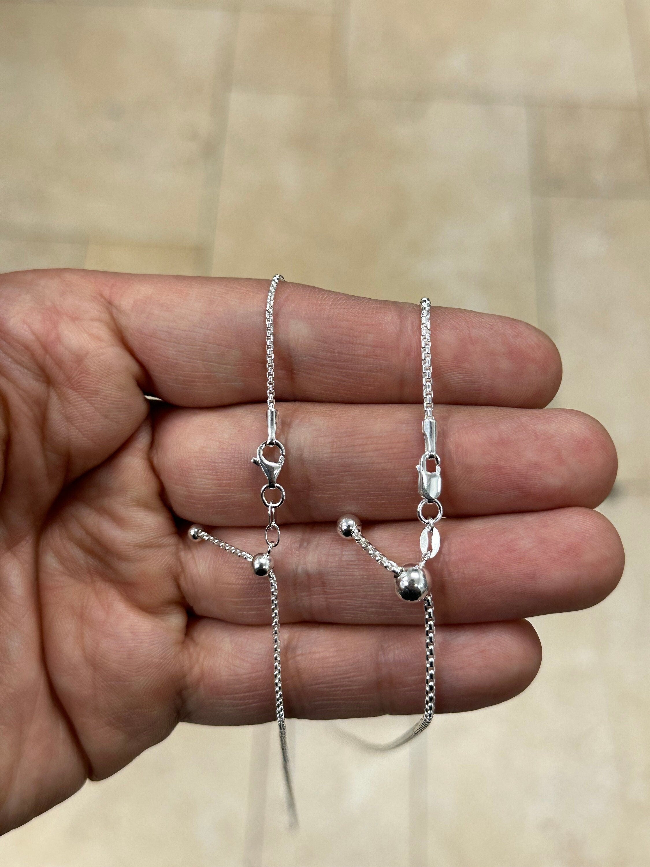 925 Sterling Silver Solid Round Box Adjustable Chain Necklace 24" 1.3mm OR 1.8mm, 925 Sterling Silver, Gift, Men Women