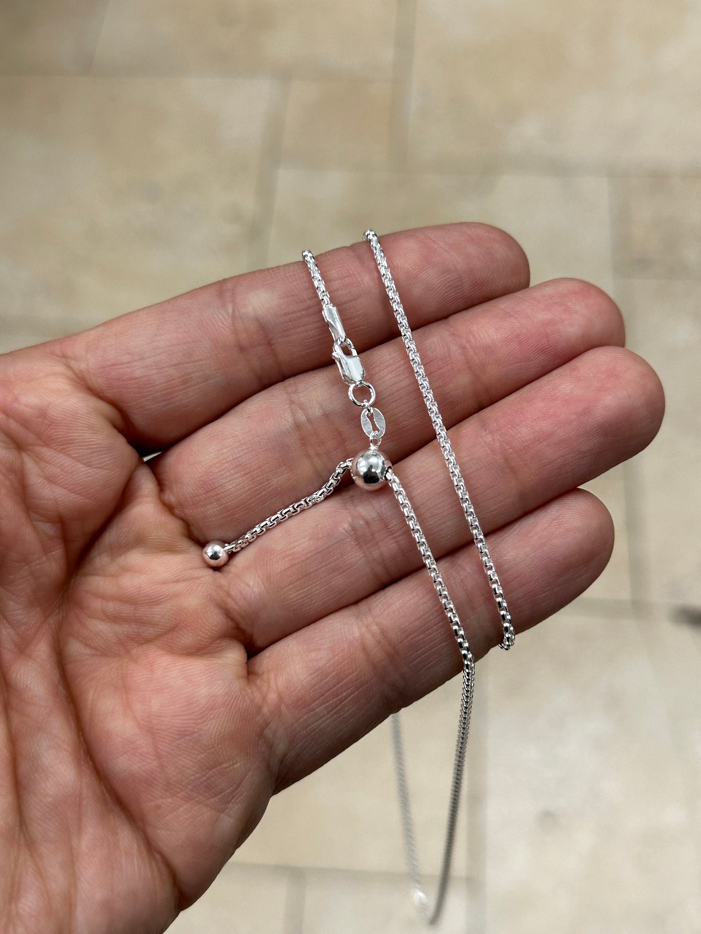 925 Sterling Silver Solid Round Box Adjustable Chain Necklace 24" 1.8mm, 925 Sterling Silver, Gift, Men Women